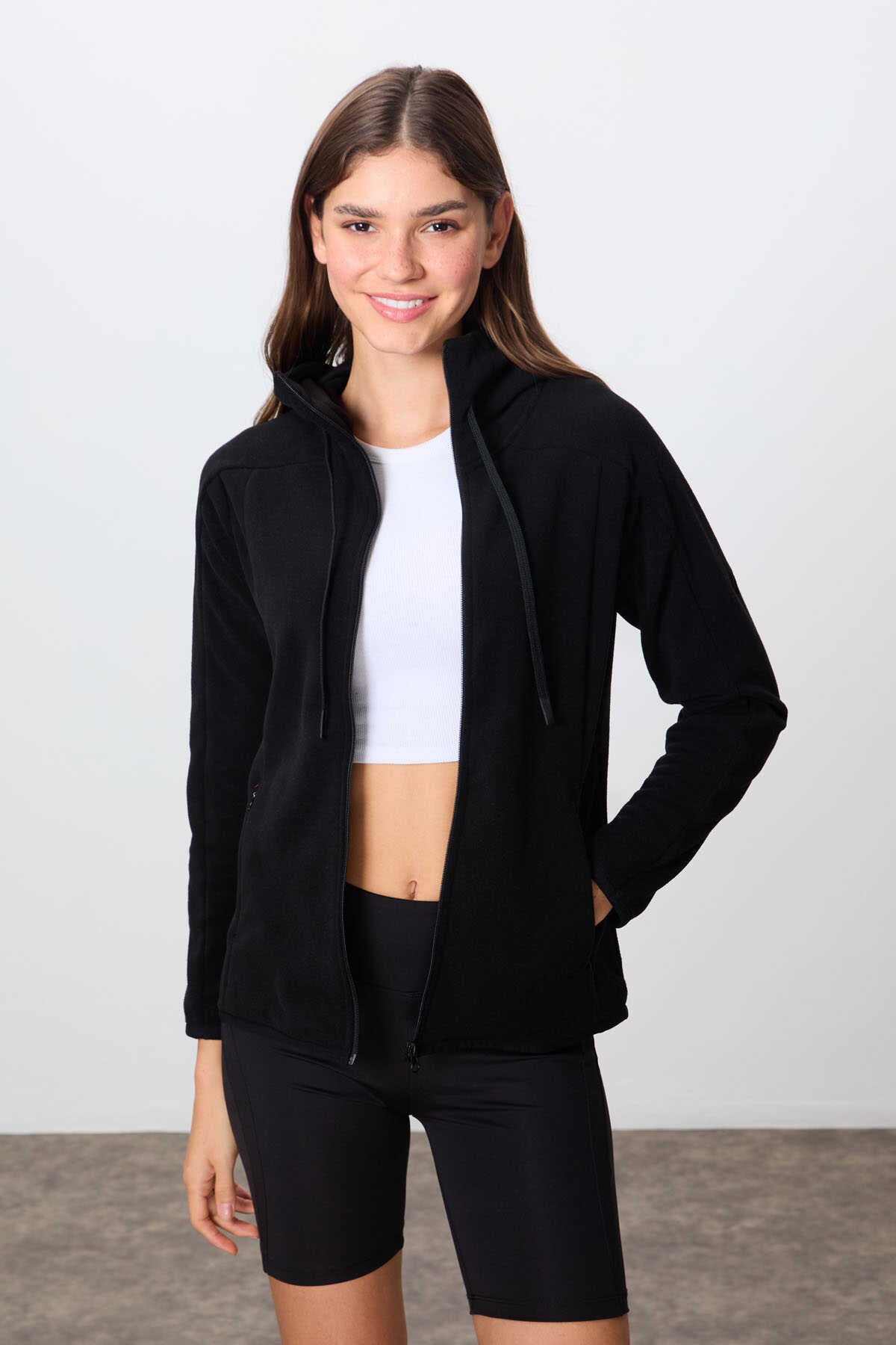 Tommylife Wholesale Hooded Standard Fit Zippered Women's Fleece Sweatshirt 97287 Black