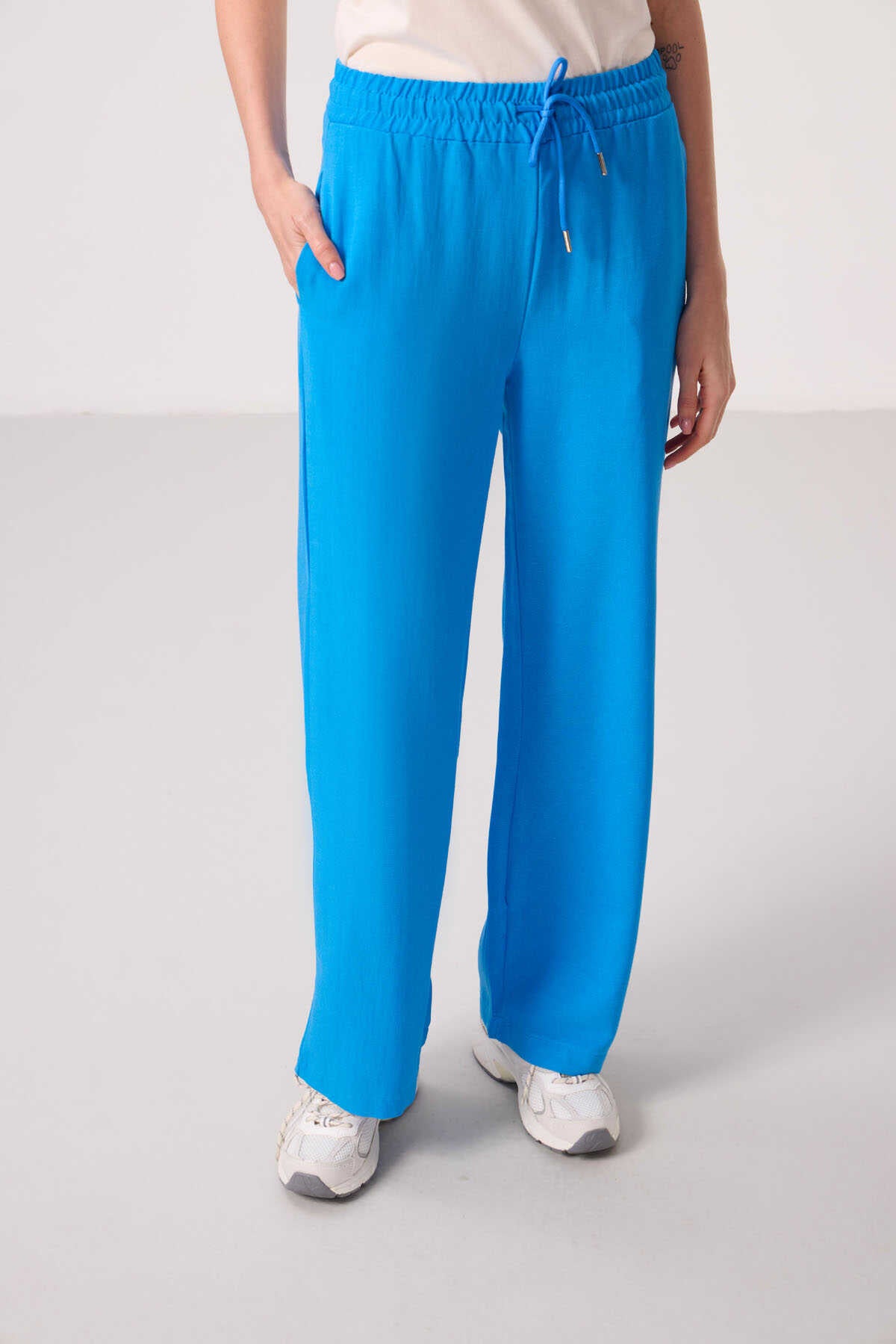 Tommylife Wholesale Linen Wide Leg Comfortable Fit Women's Palazzo Pants - 94675 Blue