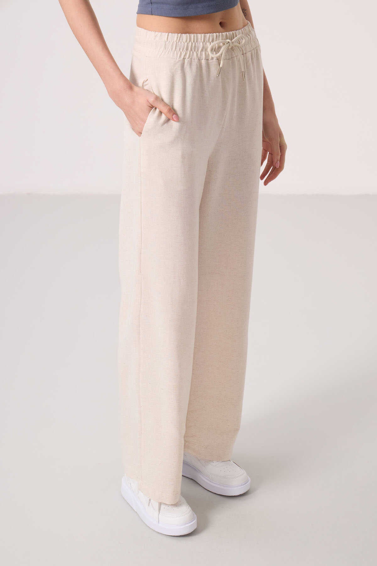 Tommylife Wholesale Linen Wide Leg Comfortable Fit Women's Palazzo Pants - 94675 Blue