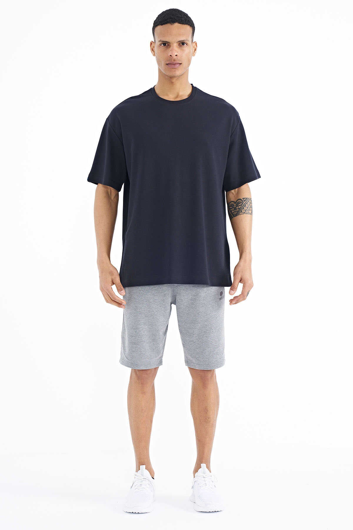 Tommylife Toptan Lacivert Kol Arma Detaylı Basic Oversize Erkek T-Shirt - 88193