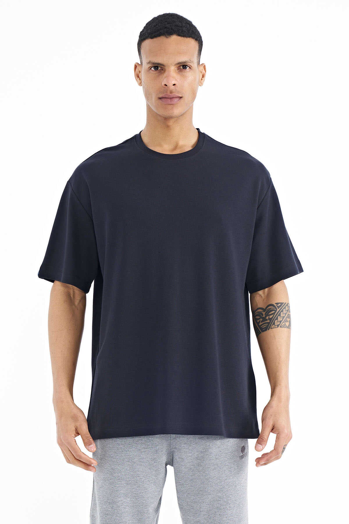 Tommylife Toptan Lacivert Kol Arma Detaylı Basic Oversize Erkek T-Shirt - 88193