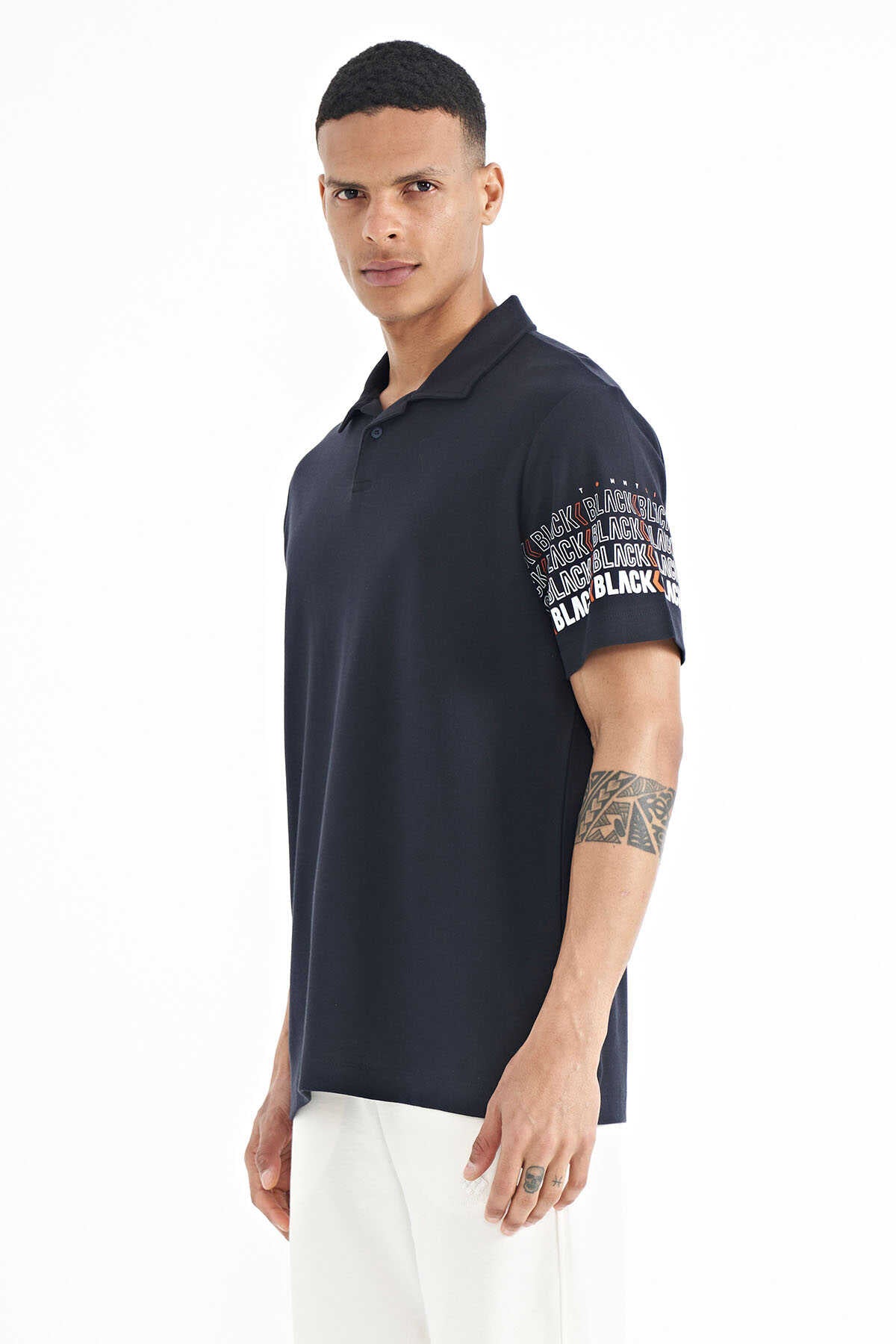 Tommylife Wholesale White Polo Neck Standard Fit Men's T-Shirt with Sleeve Print Detail - 88240