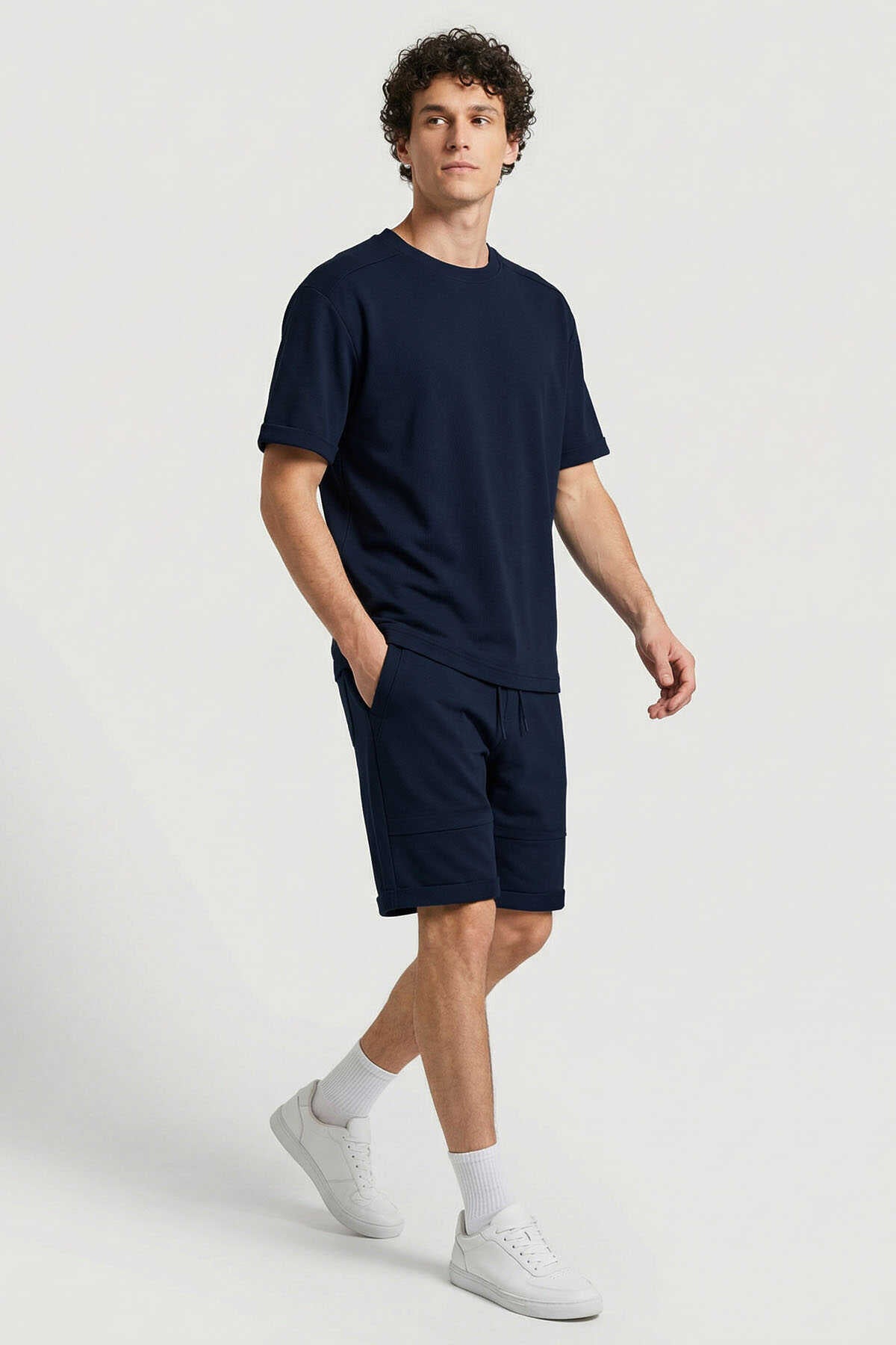 Tommylife Toptan Lacivert Oversize Fit Yumuşak Dokulu Basic Erkek Şort Takım - 85274