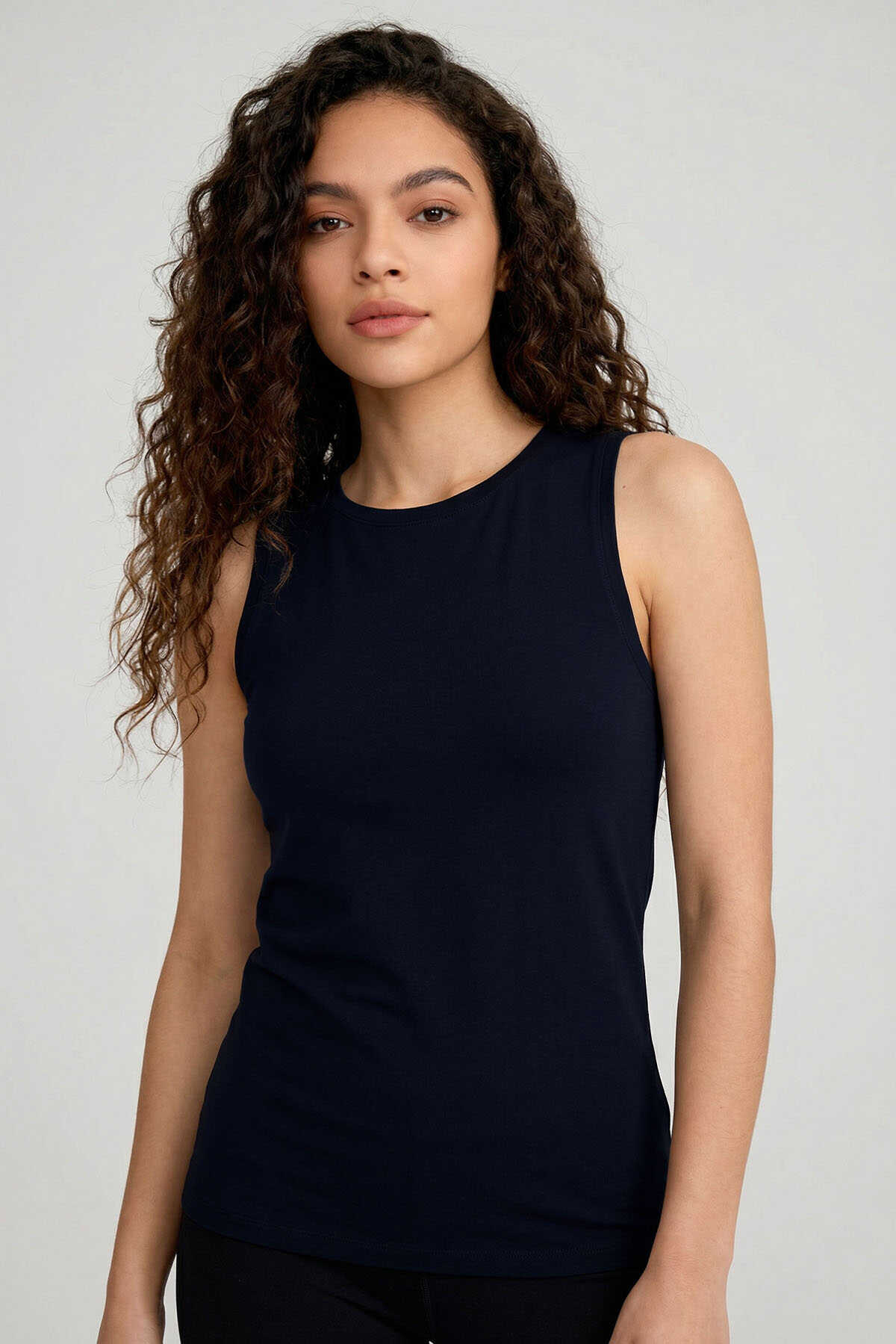 Tommylife Wholesale Navy Blue Slim Fit Basic Crew Neck Sleeveless Women's Tank Top - 97313