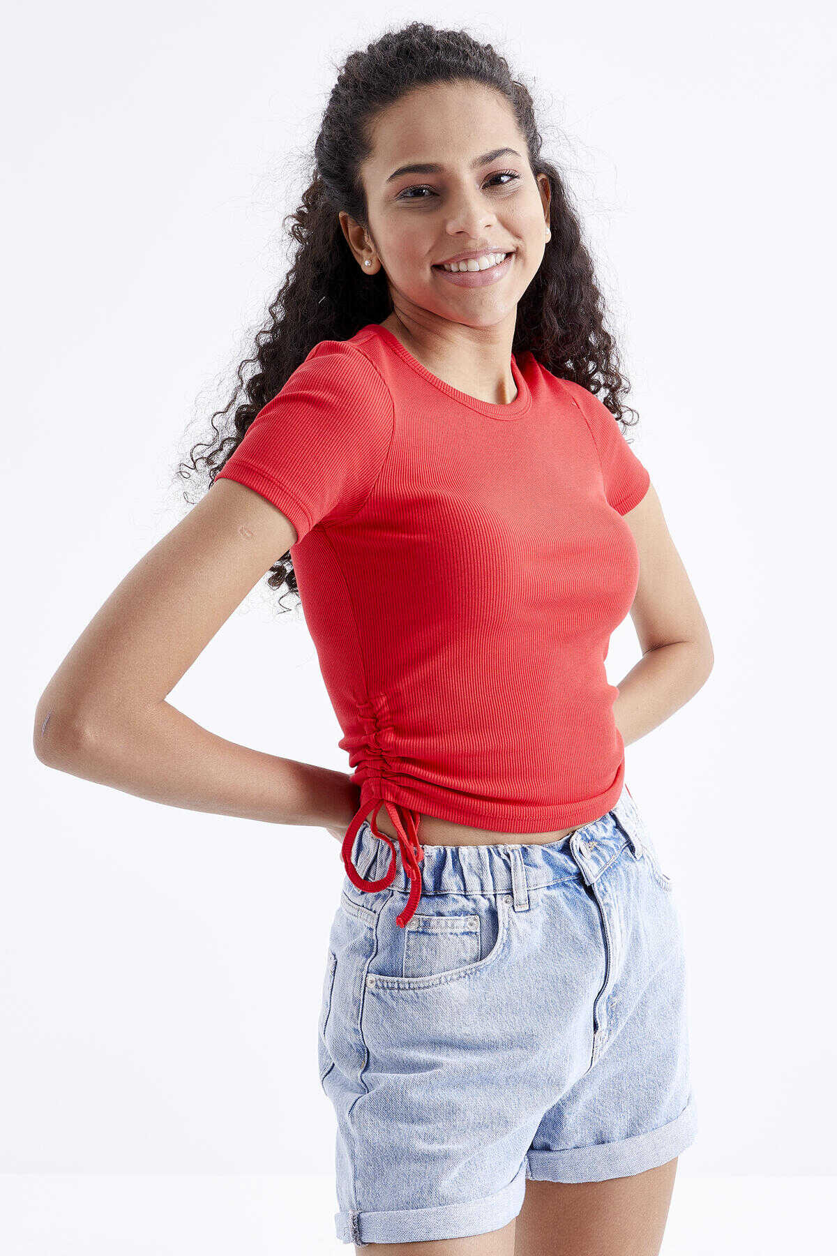 Tommylife Toptan Kavuniçi Basic Yanı Büzgülü O Yaka Kadın Crop Top T-Shirt - 97203