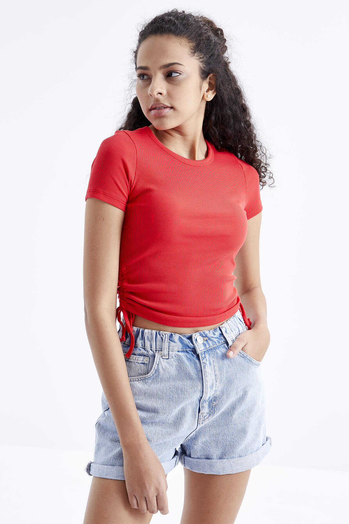 Tommylife Toptan Kavuniçi Basic Yanı Büzgülü O Yaka Kadın Crop Top T-Shirt - 97203