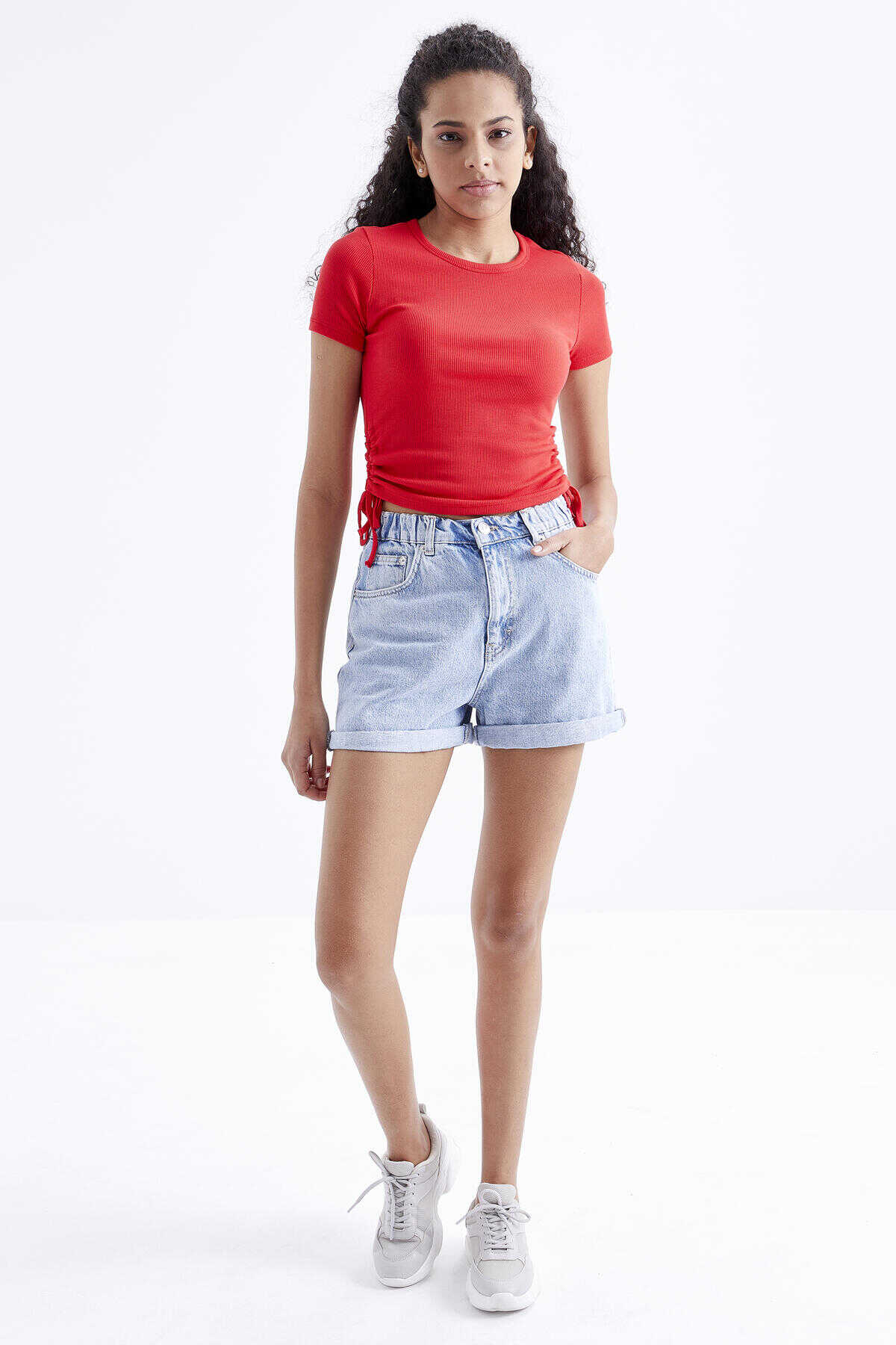 Tommylife Toptan Kavuniçi Basic Yanı Büzgülü O Yaka Kadın Crop Top T-Shirt - 97203