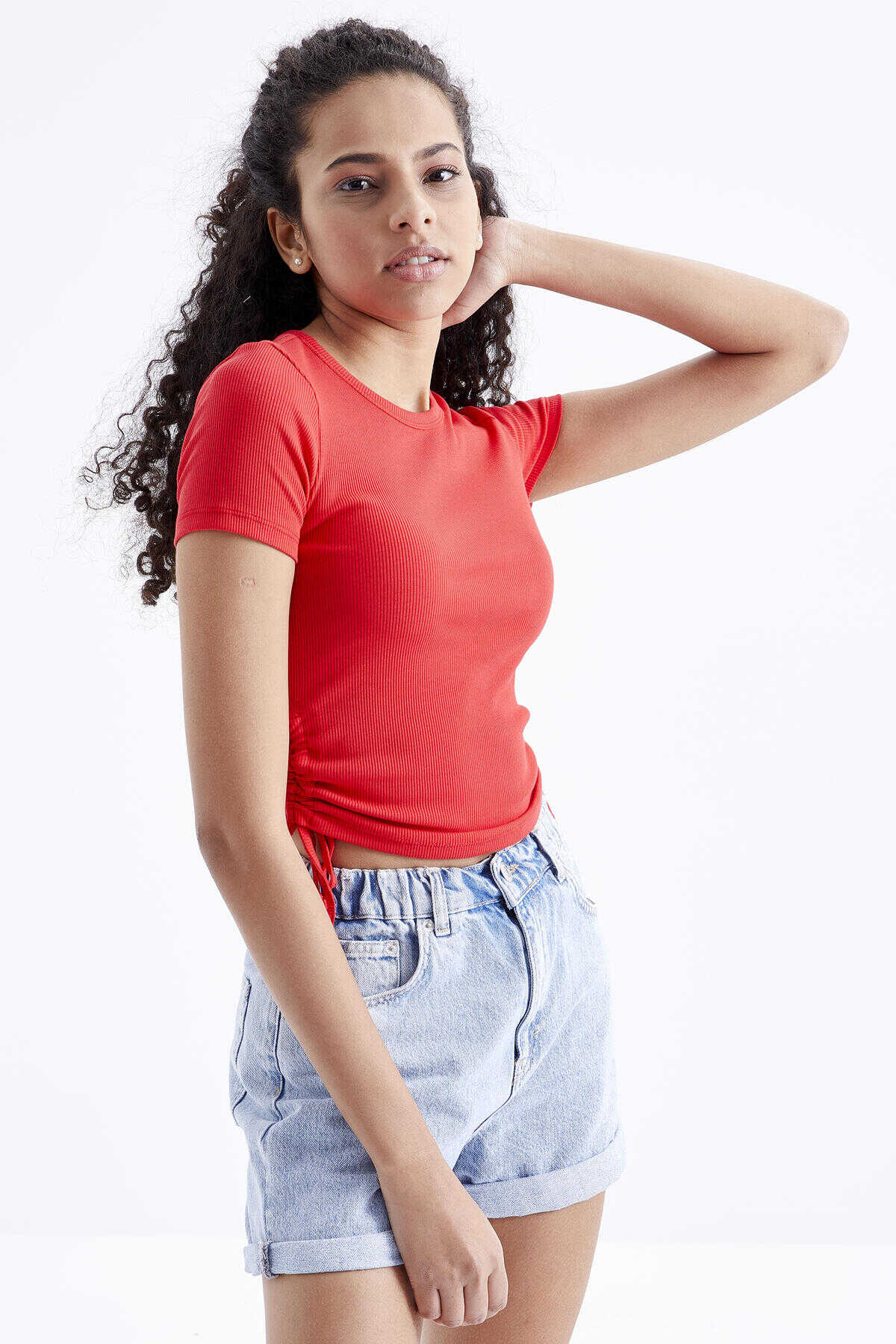 Tommylife Toptan Kavuniçi Basic Yanı Büzgülü O Yaka Kadın Crop Top T-Shirt - 97203