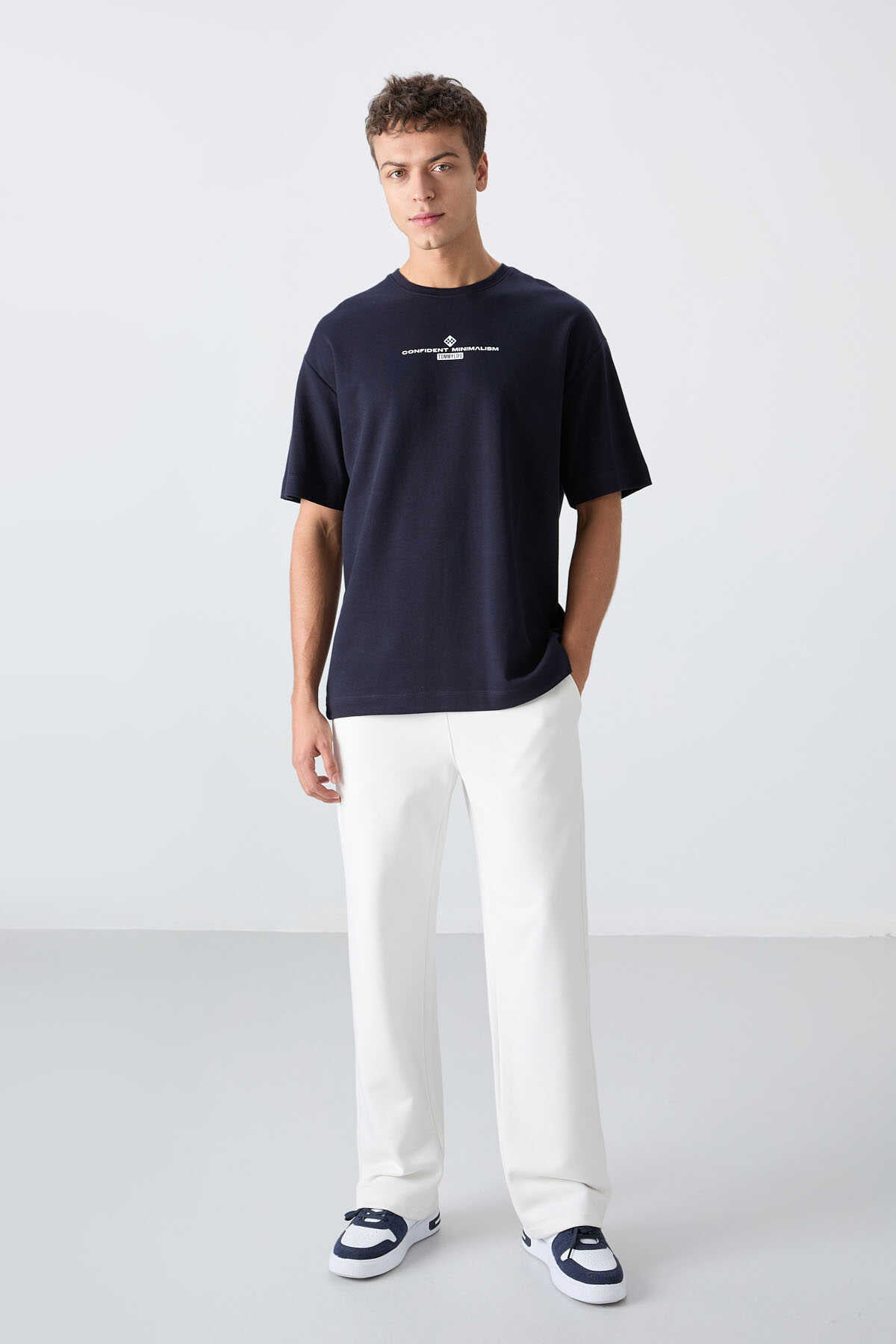 Tommylife Wholesale Crew Neck Oversize Printed Men's T-Shirt 88321 Navy Blue