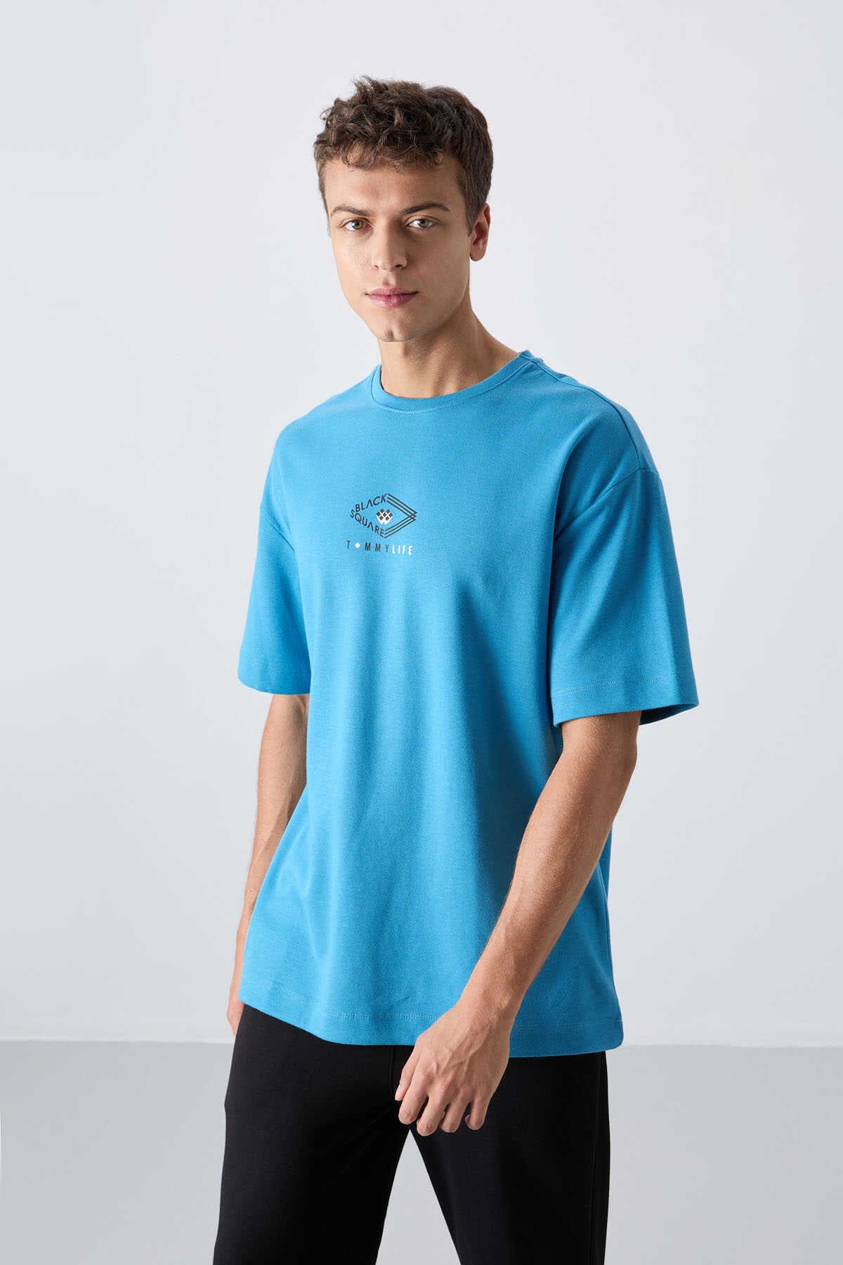 Tommylife Toptan O Yaka Oversize Baskılı Erkek T-Shirt 88325 Siyah