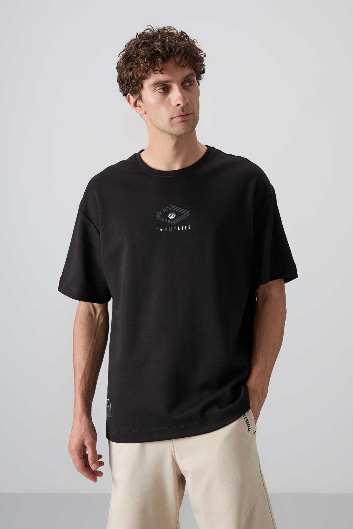 Tommylife Wholesale Crew Neck Oversize Printed Men's T-Shirt 88325 Black