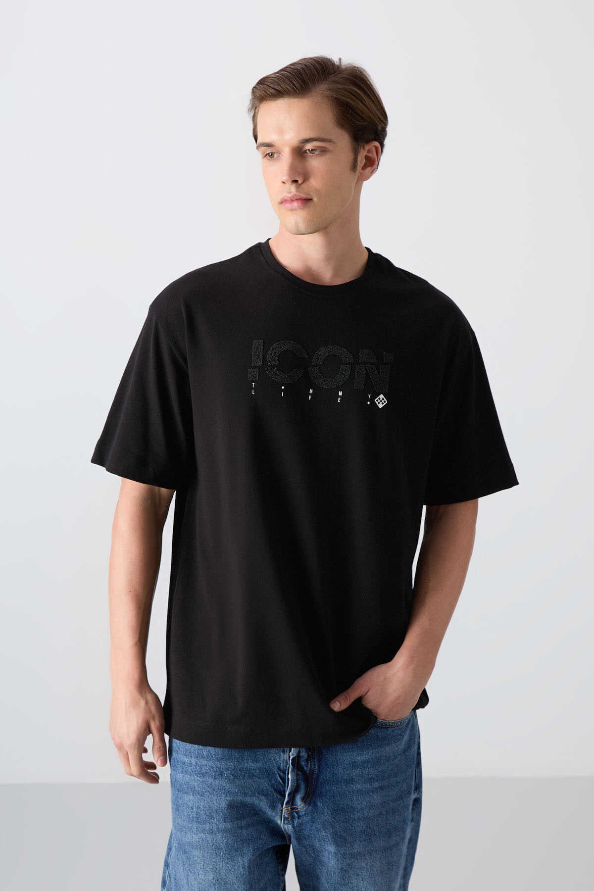 Tommylife Toptan O Yaka Oversize Baskılı Erkek T-Shirt 88331 Siyah