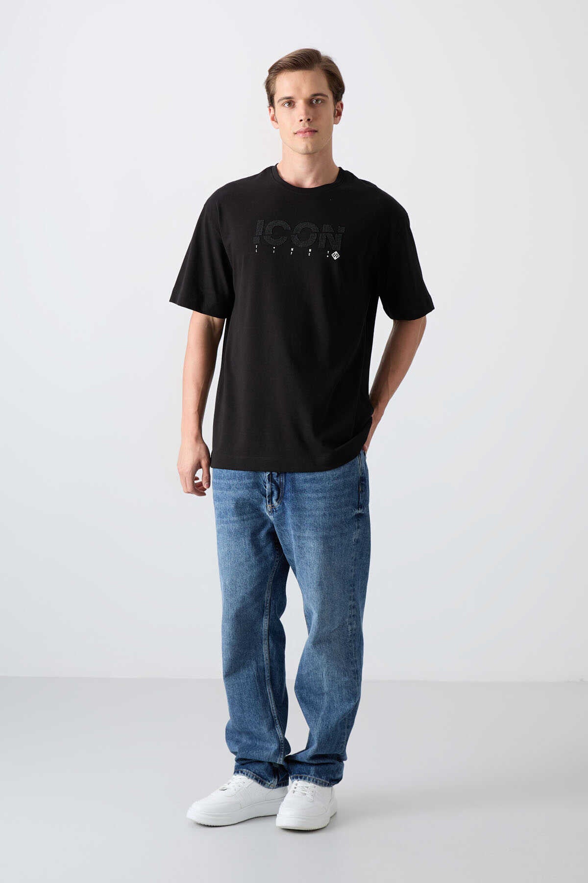Tommylife Toptan O Yaka Oversize Baskılı Erkek T-Shirt 88331 Siyah