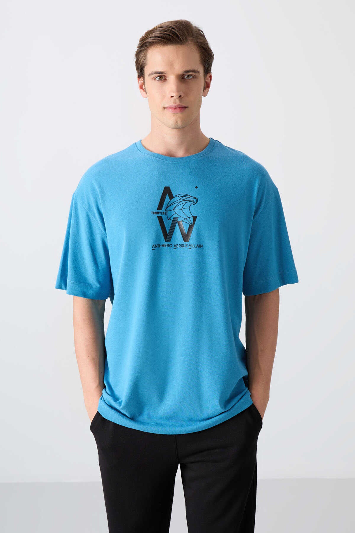 Tommylife Wholesale Crew Neck Oversize Printed Men's T-Shirt 88332 Petroleum Blue