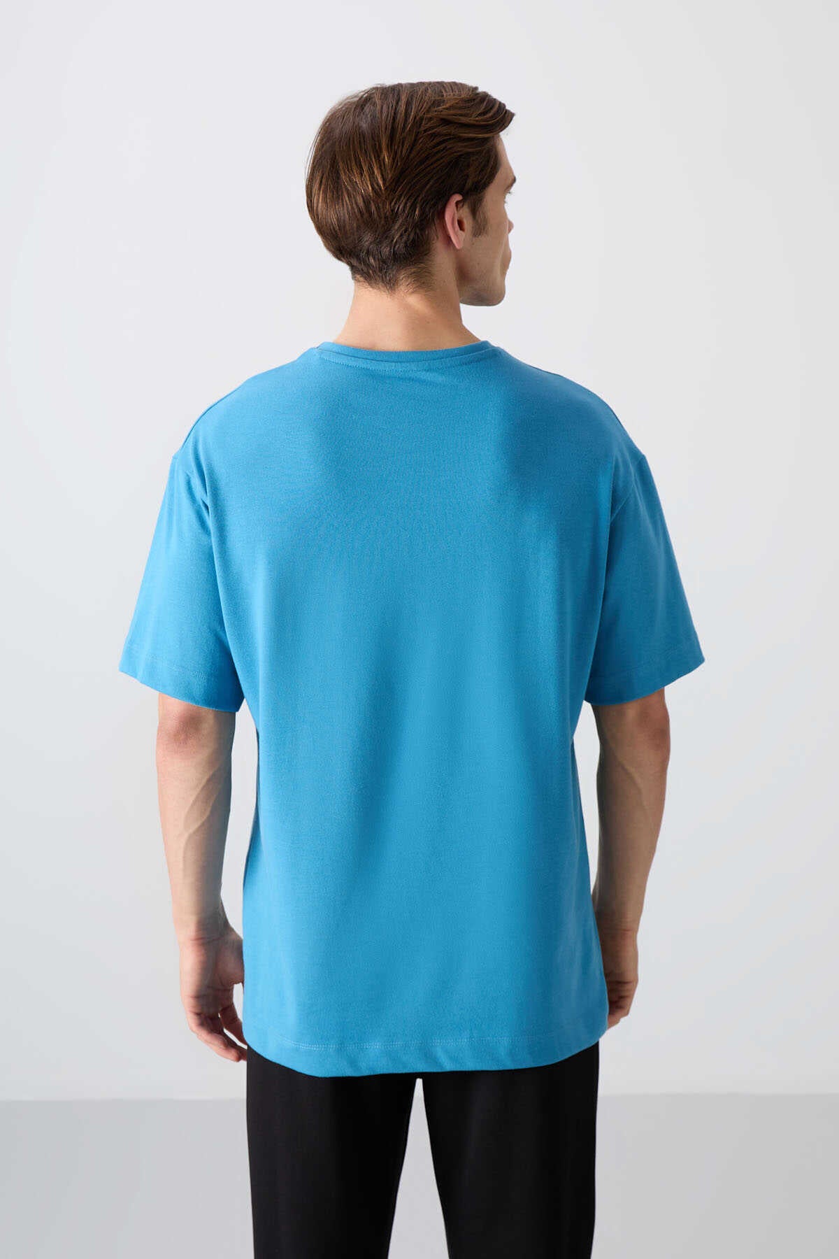 Tommylife Wholesale Crew Neck Oversize Printed Men's T-Shirt 88332 Petroleum Blue
