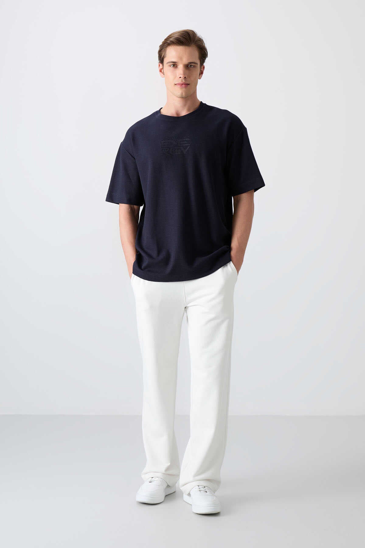 Tommylife Wholesale Crew Neck Oversize Printed Men's T-Shirt 88336 Navy Blue