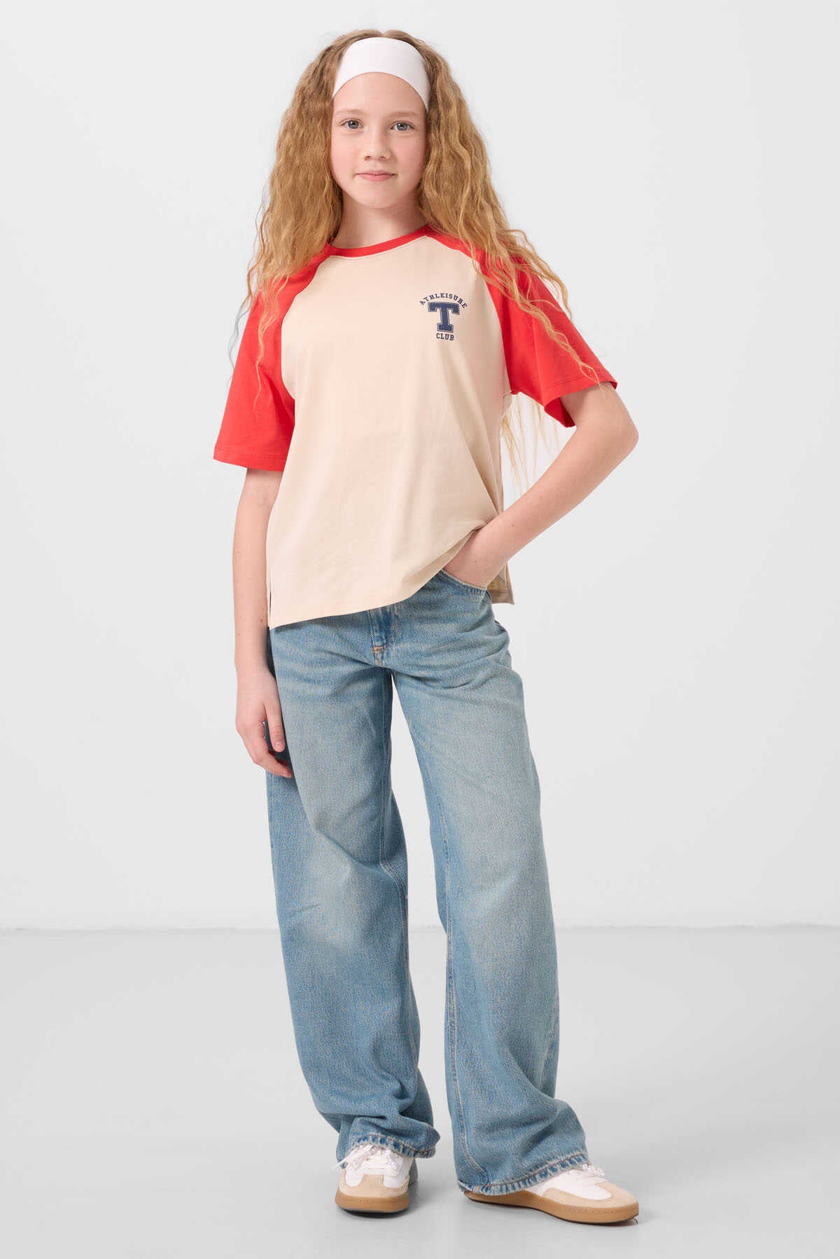Tommylife Toptan O Yaka  Pamuklu Baskılı Oversize Fit Kız Çocuk T Shirt 75179 Beyaz