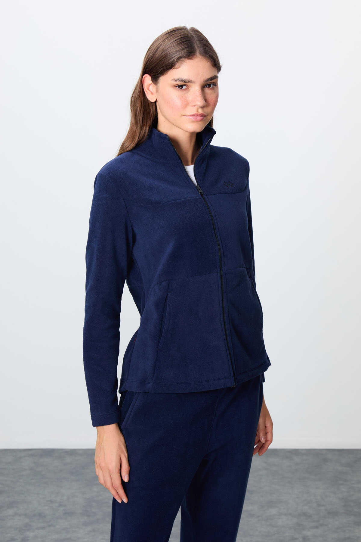 Tommylife Wholesale Oversized Mock Neck Classic Leg Women's Fleece Tracksuit 95339 Navy
