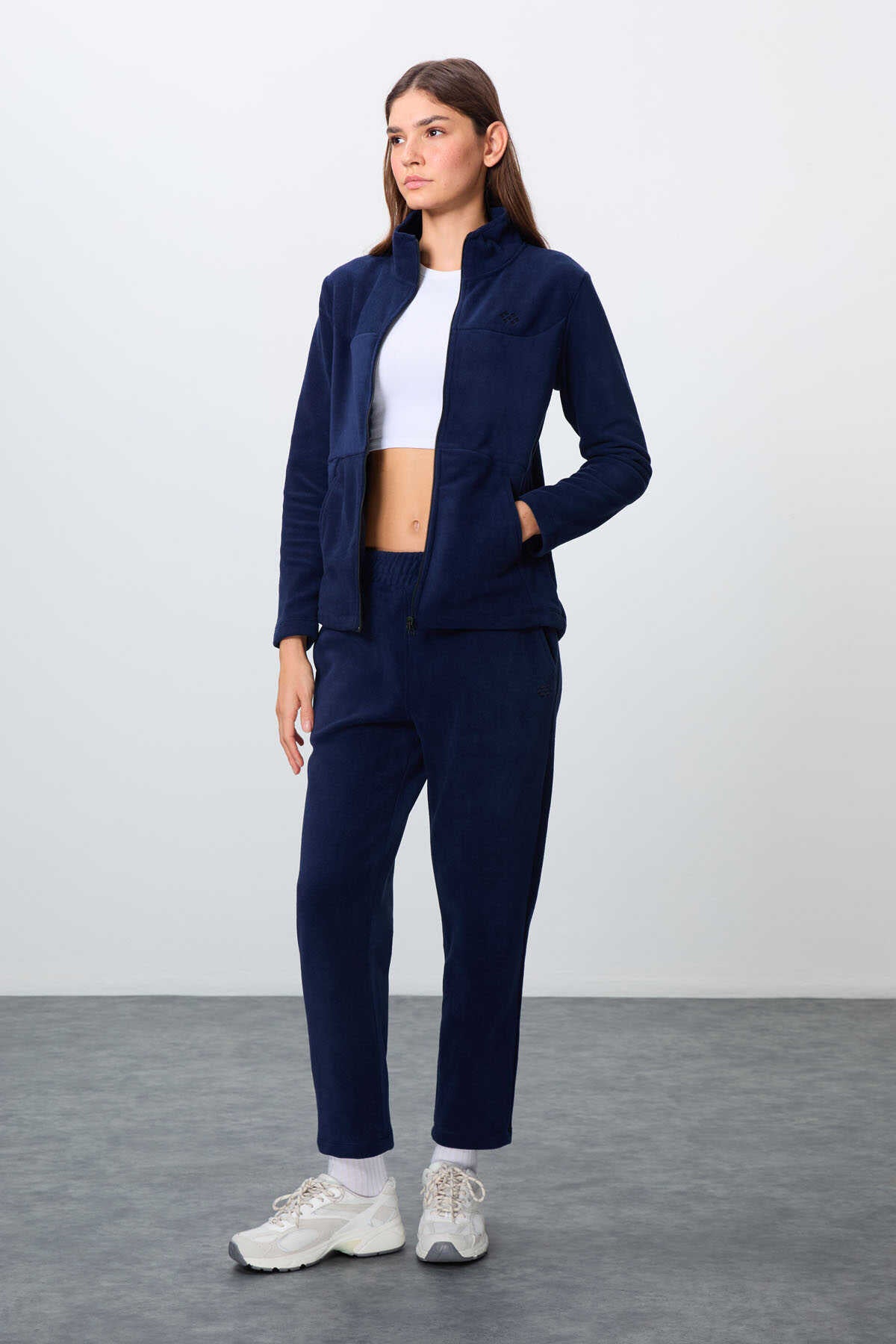 Tommylife Wholesale Oversized Mock Neck Classic Leg Women's Fleece Tracksuit 95339 Navy
