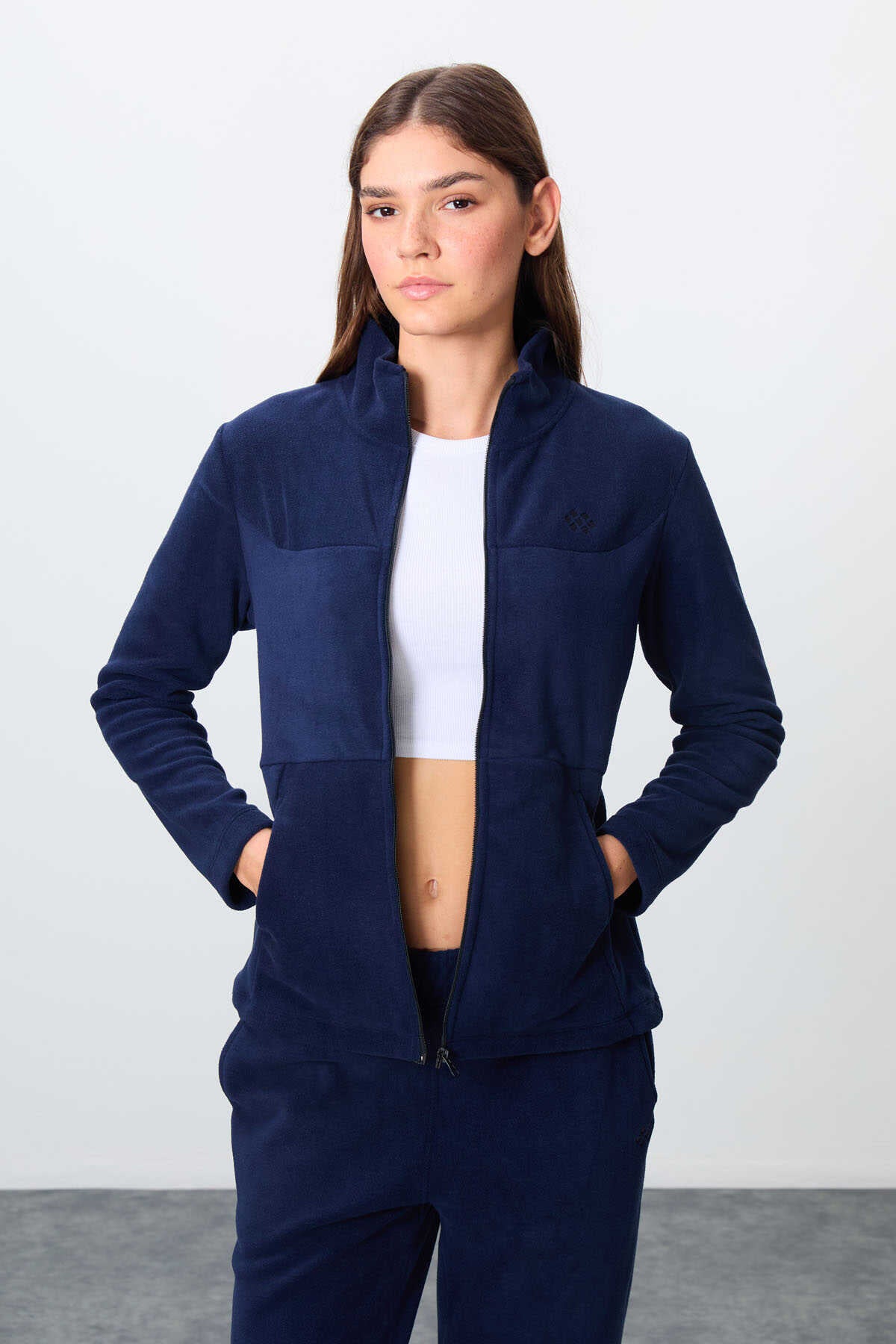 Tommylife Wholesale Oversized Mock Neck Classic Leg Women's Fleece Tracksuit 95339 Navy