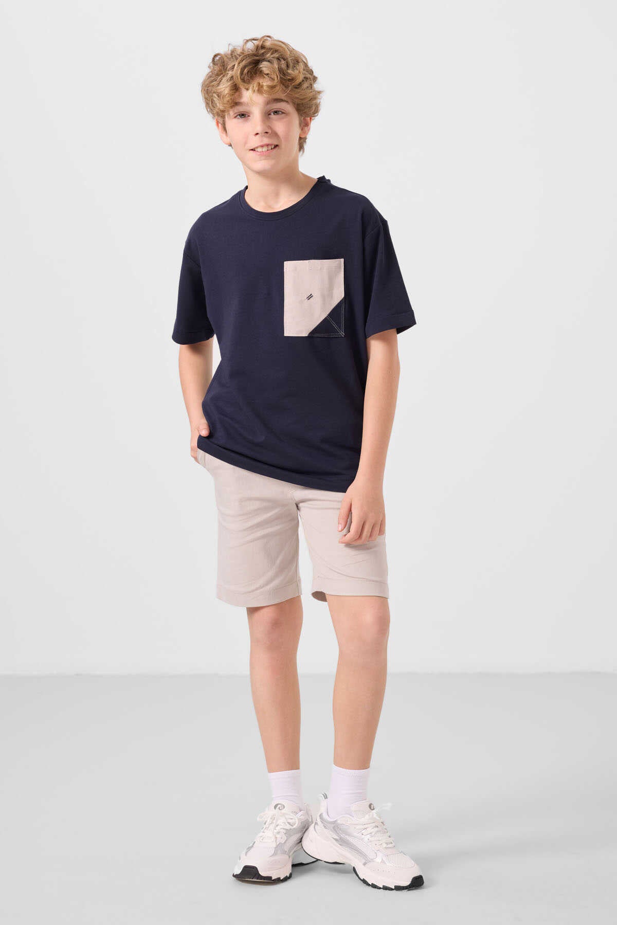 Tommylife Wholesale Cotton Oversize Fit Woven Lightly Stretchy Chino Boys' Shorts Set 11278 Navy Blue-Stone