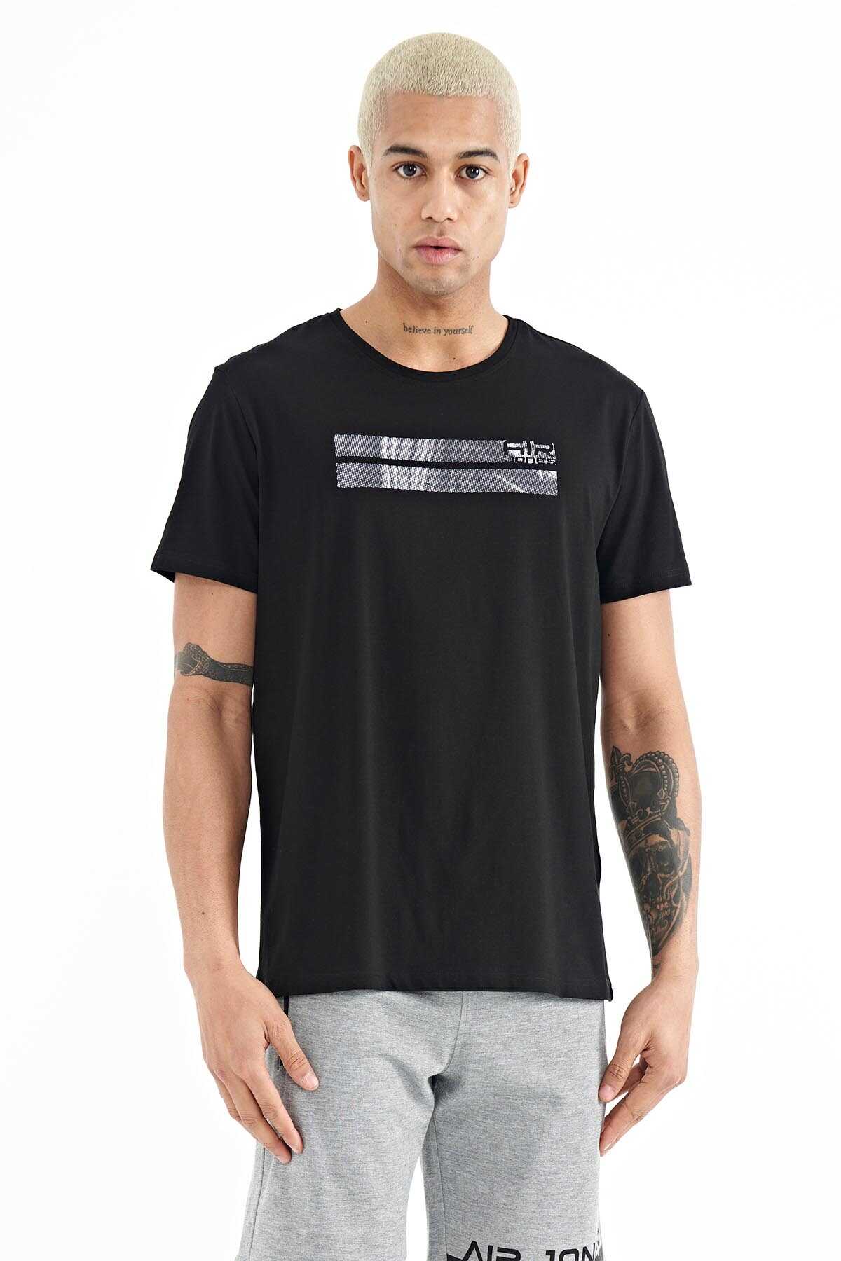 Tommylife Toptan Peter O Yaka Standart Kalıp Baskılı Erkek T-Shirt 88204 Siyah
