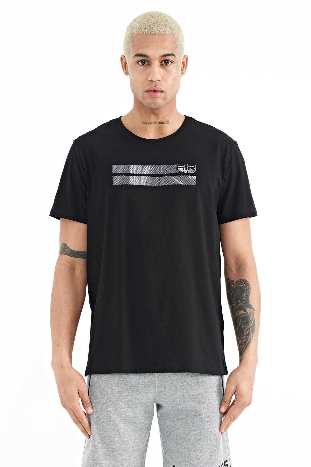 Tommylife Toptan Peter O Yaka Standart Kalıp Baskılı Erkek T-Shirt 88204 Siyah
