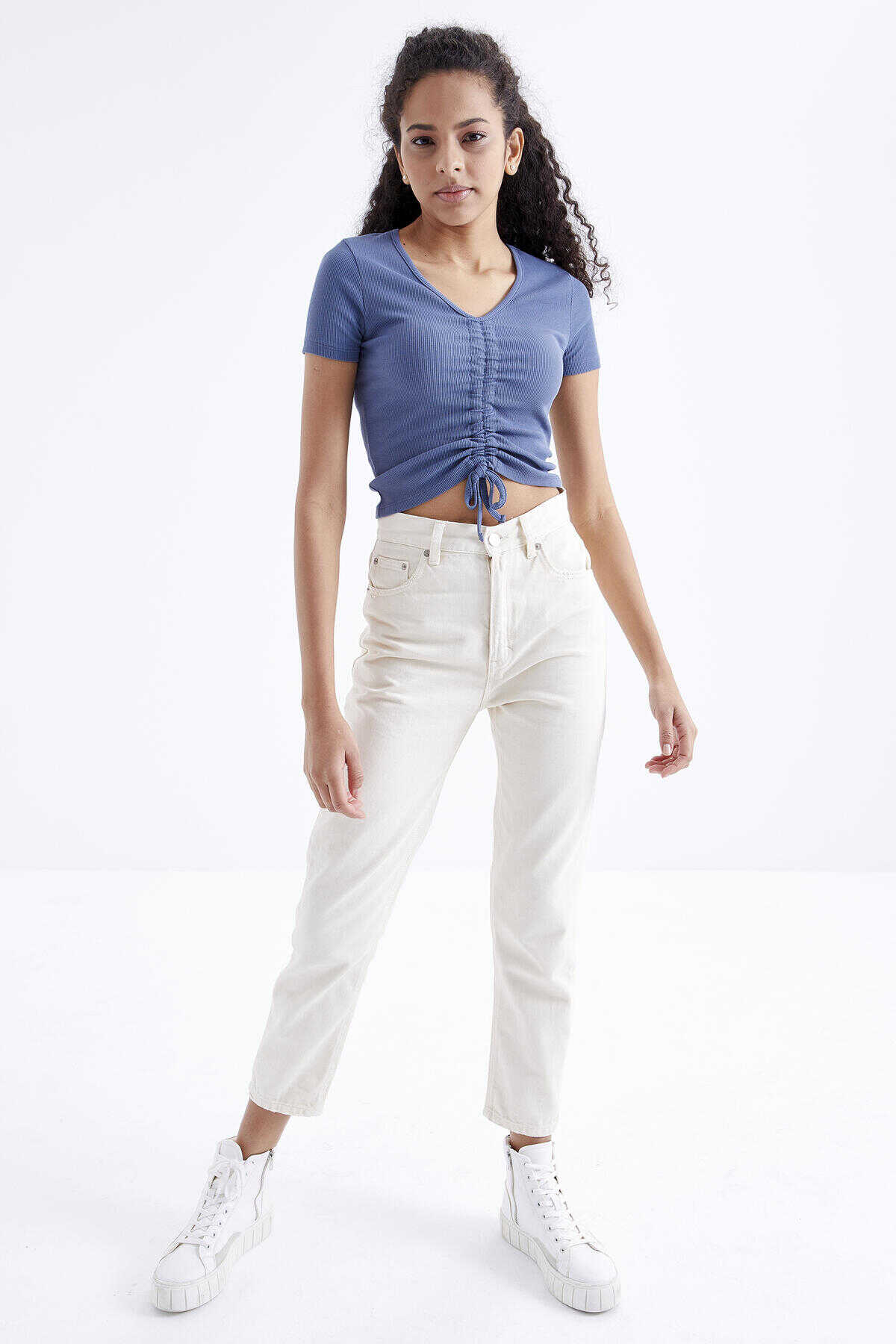 Tommylife Toptan Petrol Büzgü Detaylı V Yaka Kadın Crop Top T-Shirt - 97205
