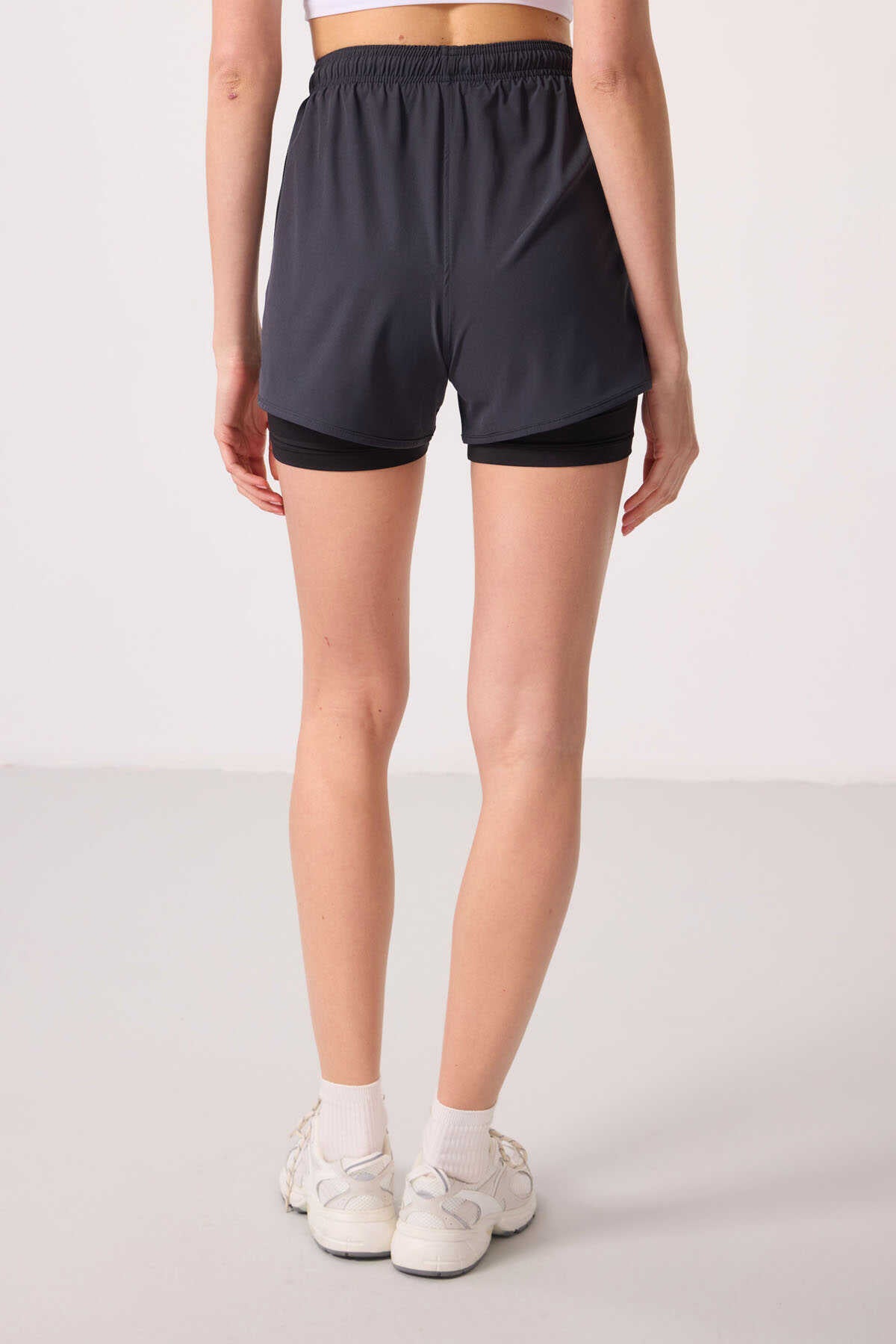 Tommylife Wholesale Polyester Hidden Pocket Zipper Standard Fit Women's Shorts with Inner Leggings - 91015 Black
