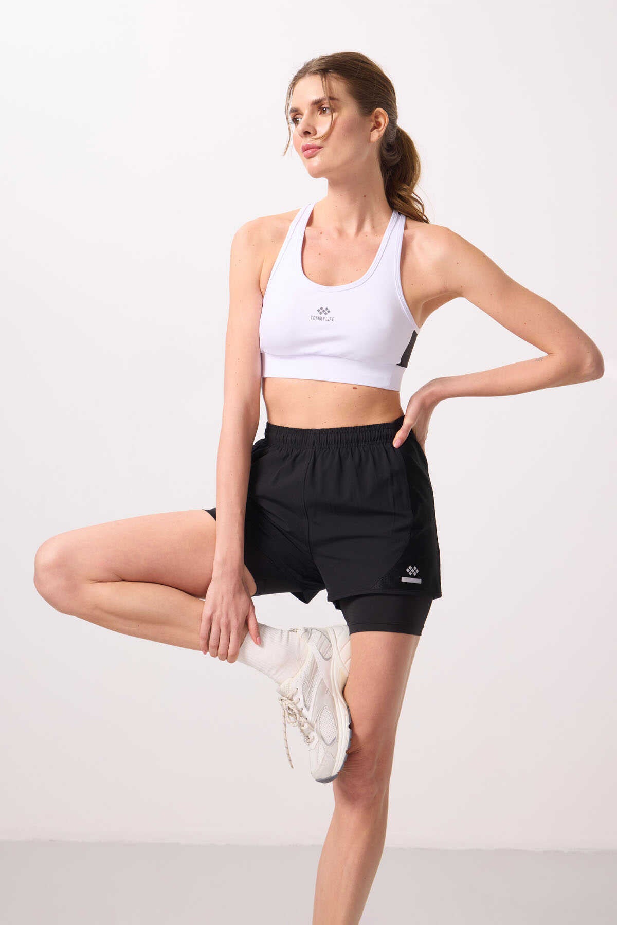 Tommylife Wholesale Polyester Hidden Pocket Zipper Standard Fit Women's Shorts with Inner Leggings - 91015 Black