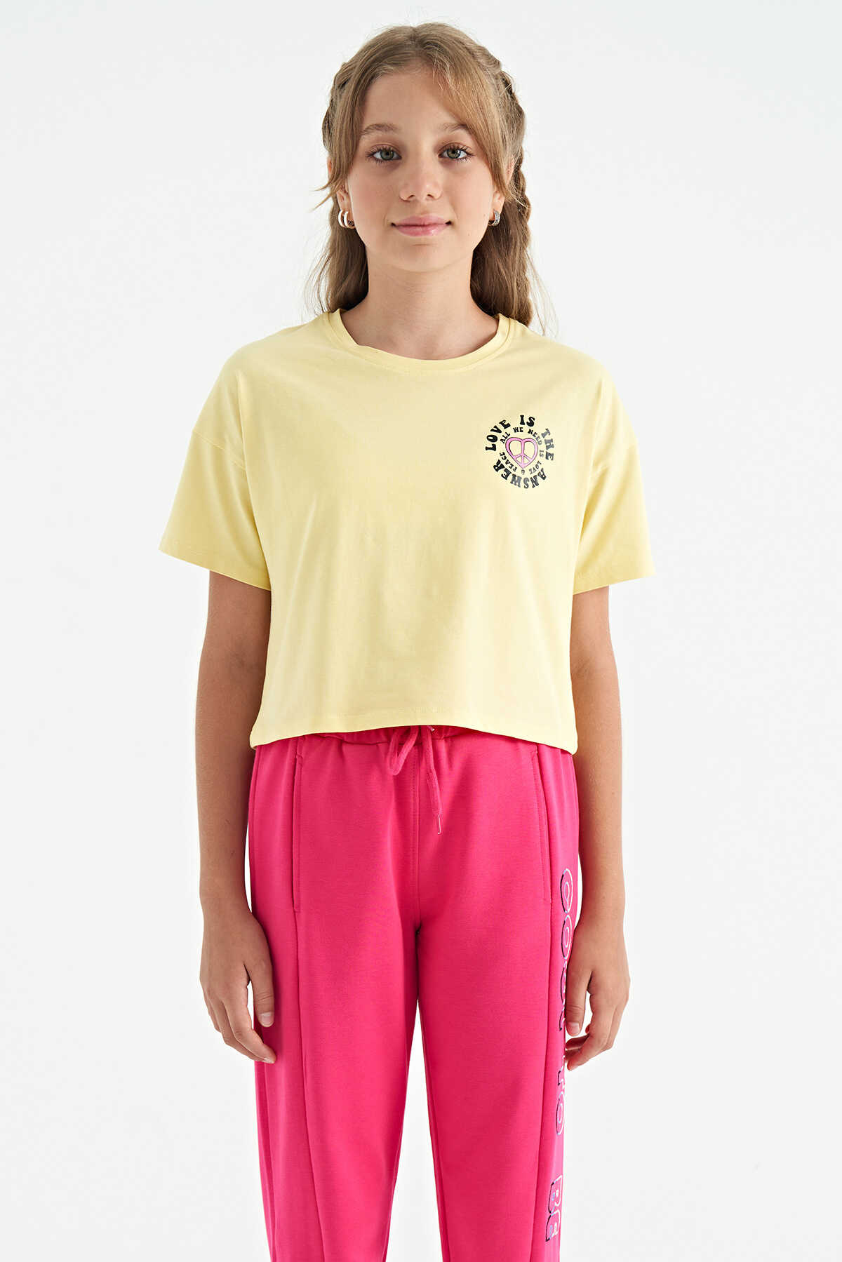 Tommylife Toptan Yeşil Ön Arka Baskılı O Yaka Düşük Omuz Oversize Kısa Kollu Kız Çocuk T-Shirt - 75126