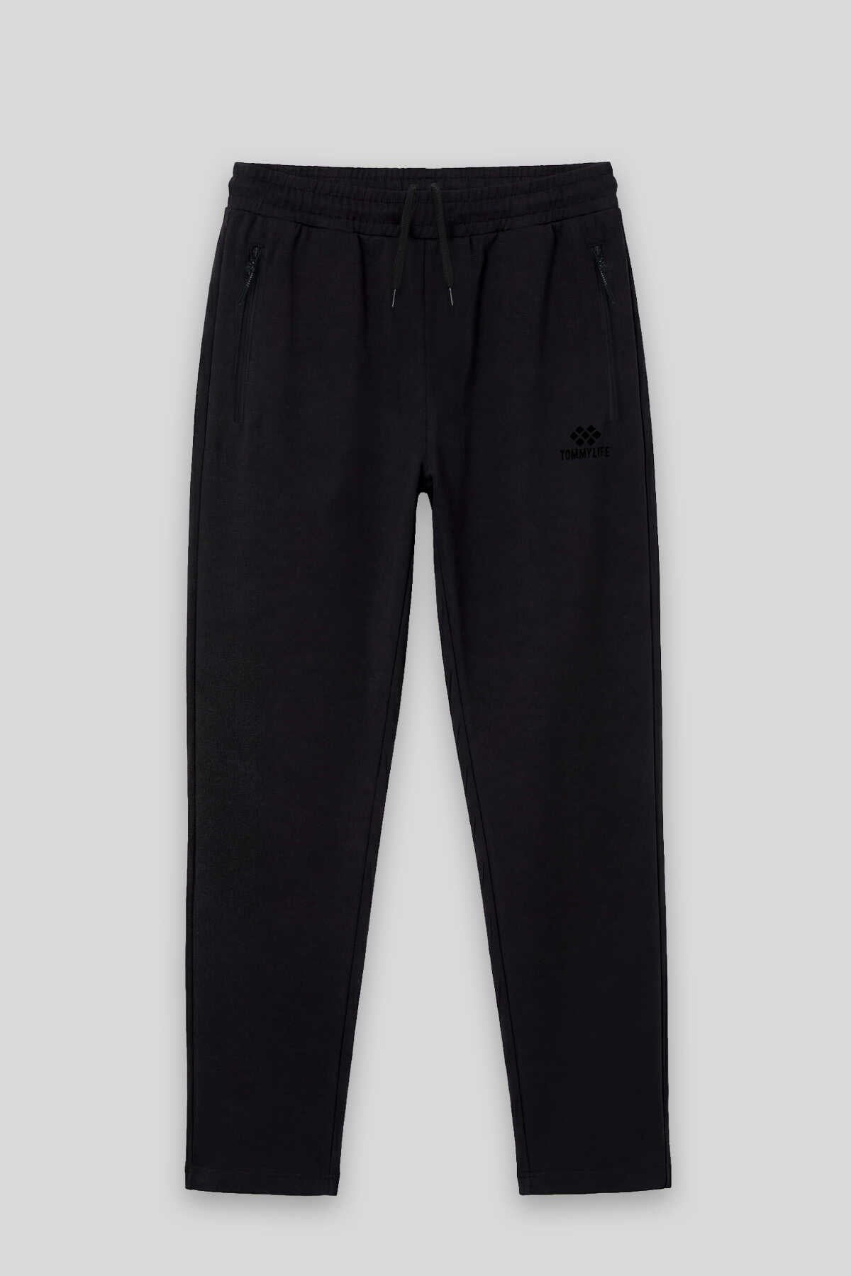Tommylife Toptan Siyah Basic Belden Bağcıklı Klasik Paça Erkek Büyük Beden Eşofman Alt - 84844