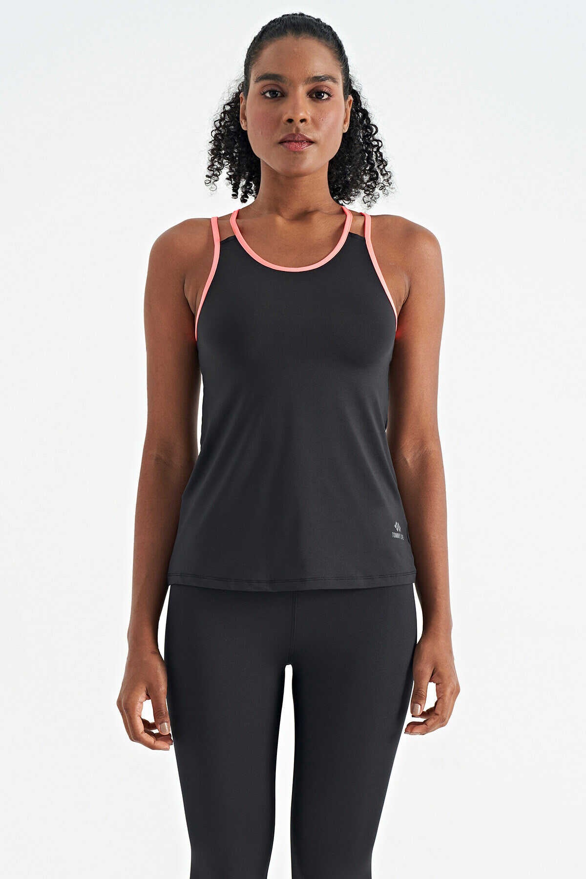 Tommylife Toptan Siyah Çift Askılı Sırt Detaylı Standart Kalıp Kadın Spor Atlet - 97258