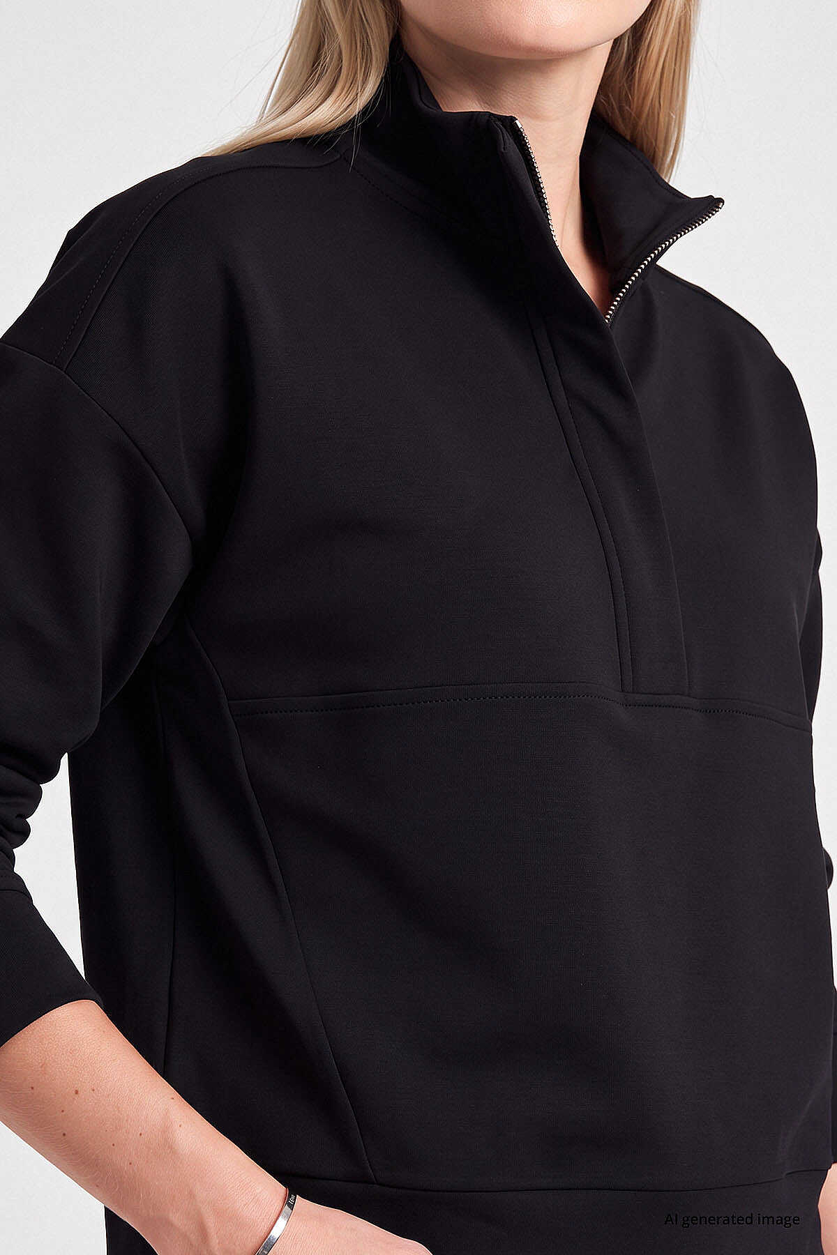 Tommylife Toptan Siyah Dik Yaka Fermuarlı Rahat Form Kadın Sweatshirt - 97314