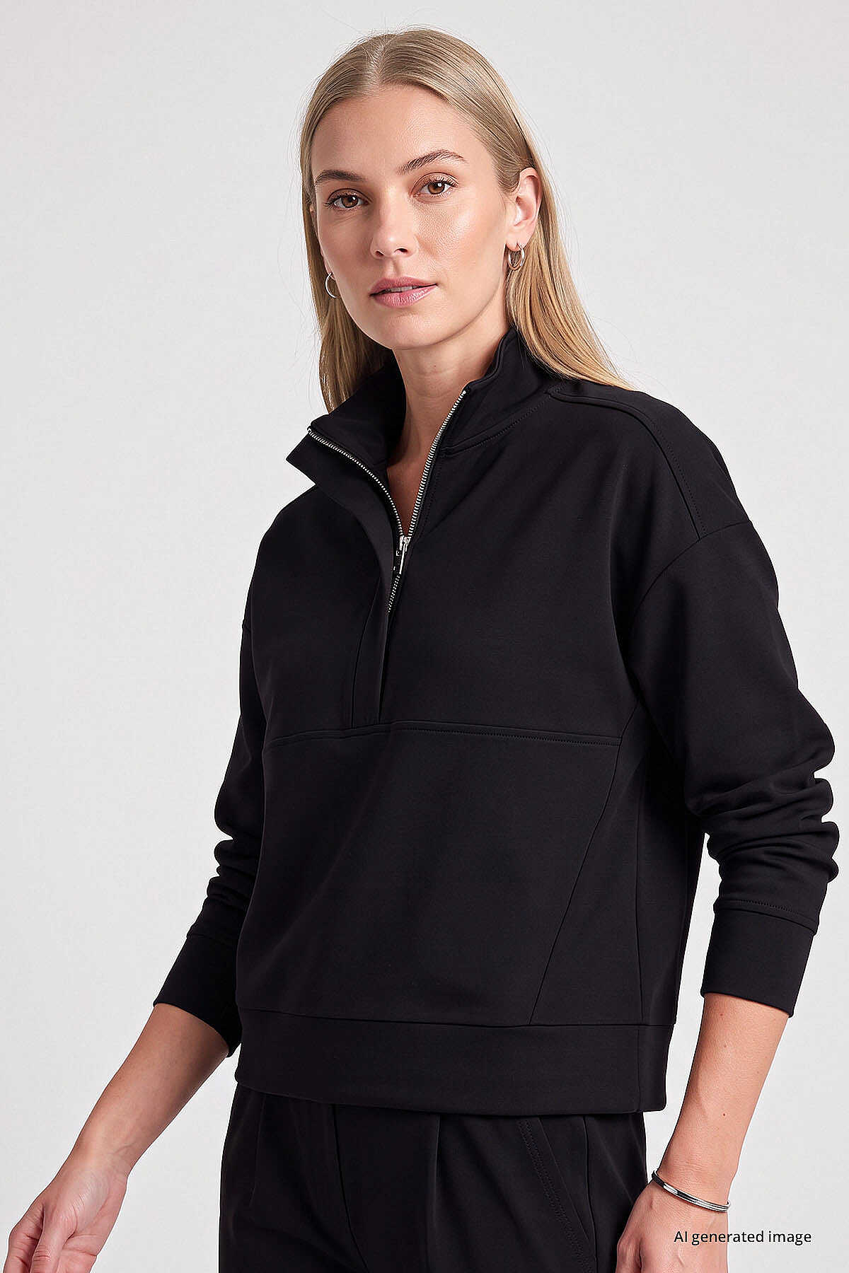 Tommylife Toptan Siyah Dik Yaka Fermuarlı Rahat Form Kadın Sweatshirt - 97314