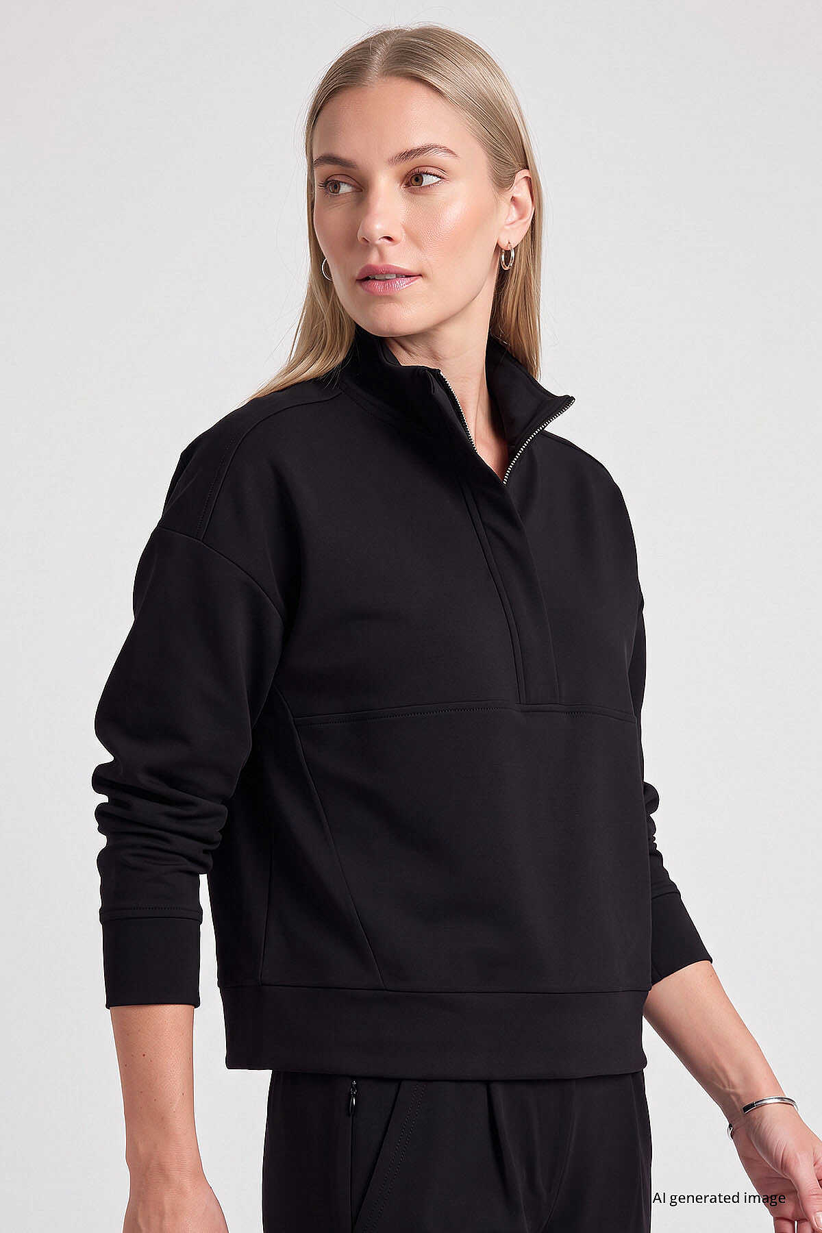 Tommylife Toptan Siyah Dik Yaka Fermuarlı Rahat Form Kadın Sweatshirt - 97314