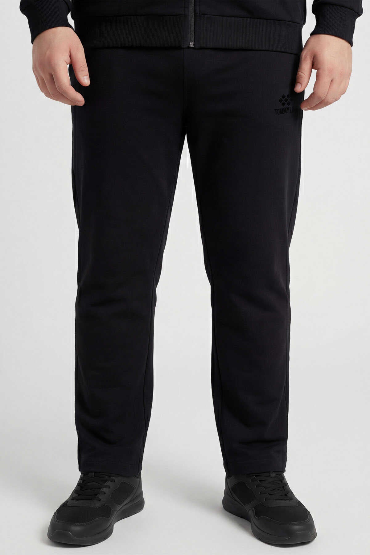 Tommylife Wholesale Gray Mélange - Black Stand-Up Collar Classic Leg Plus Size Men's Tracksuit Set - 85176