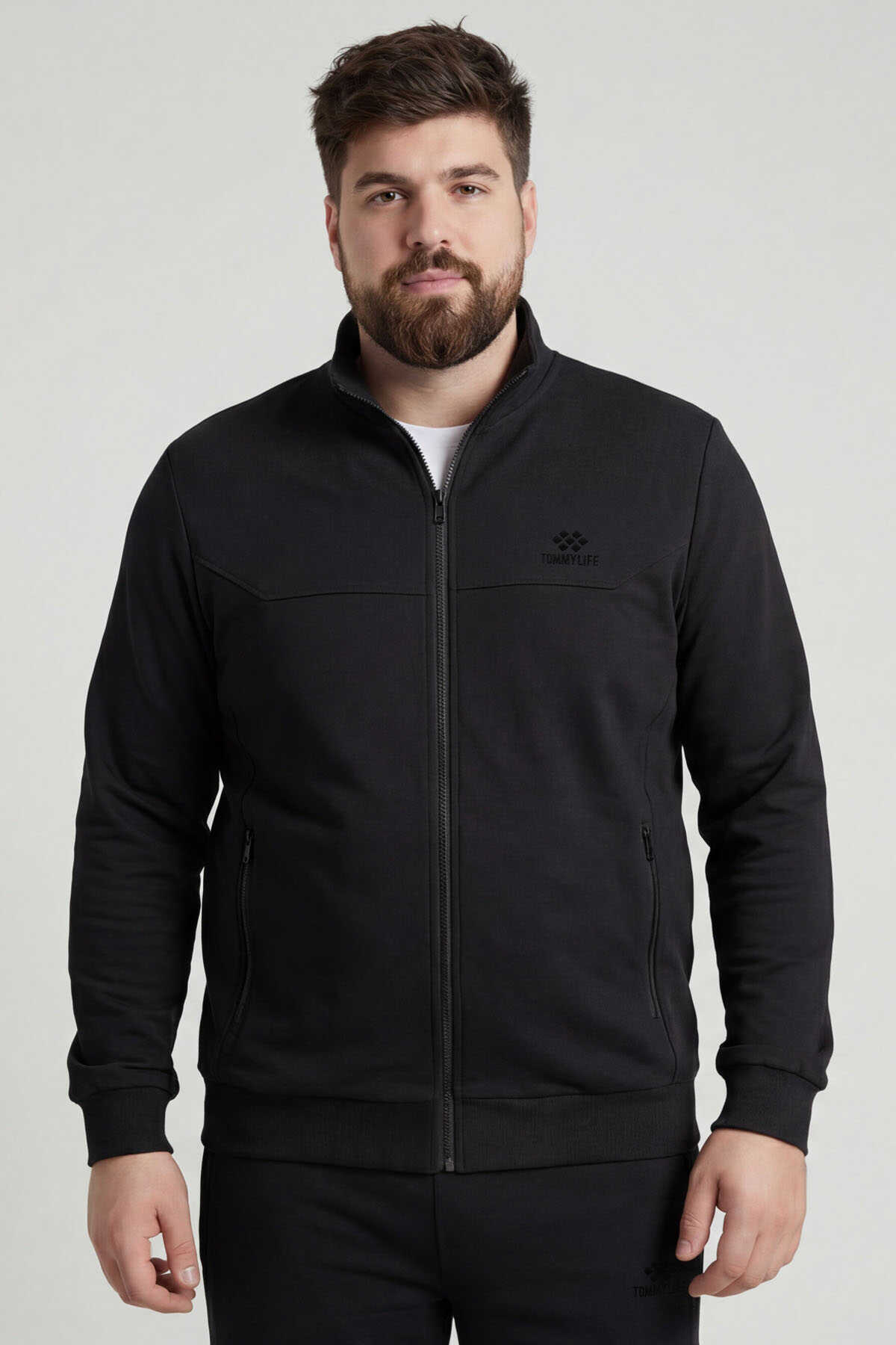 Tommylife Wholesale Gray Mélange - Black Stand-Up Collar Classic Leg Plus Size Men's Tracksuit Set - 85176