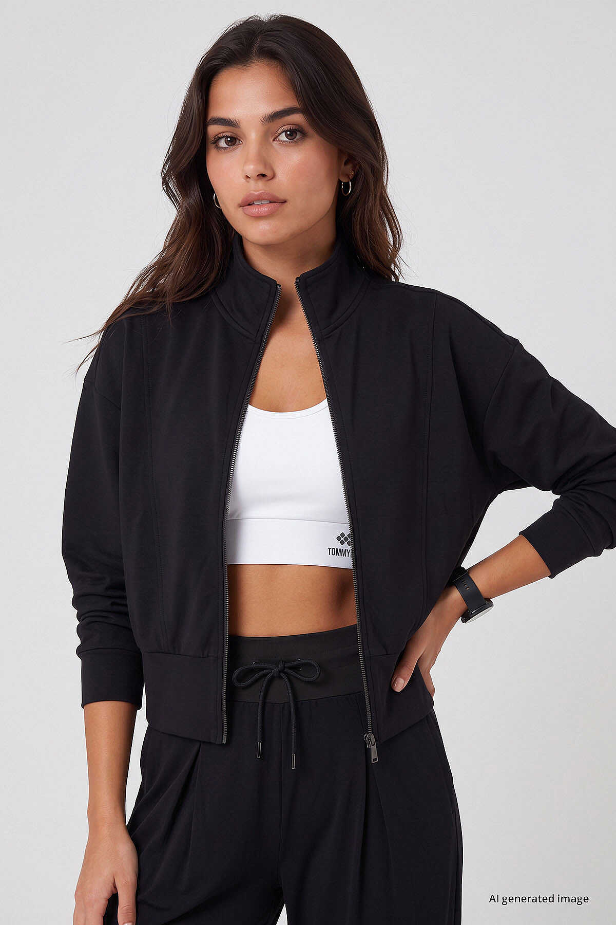 Tommylife Toptan Siyah Dik Yaka Standart Kalıp Crop Kadın Sweatshirt - 97317