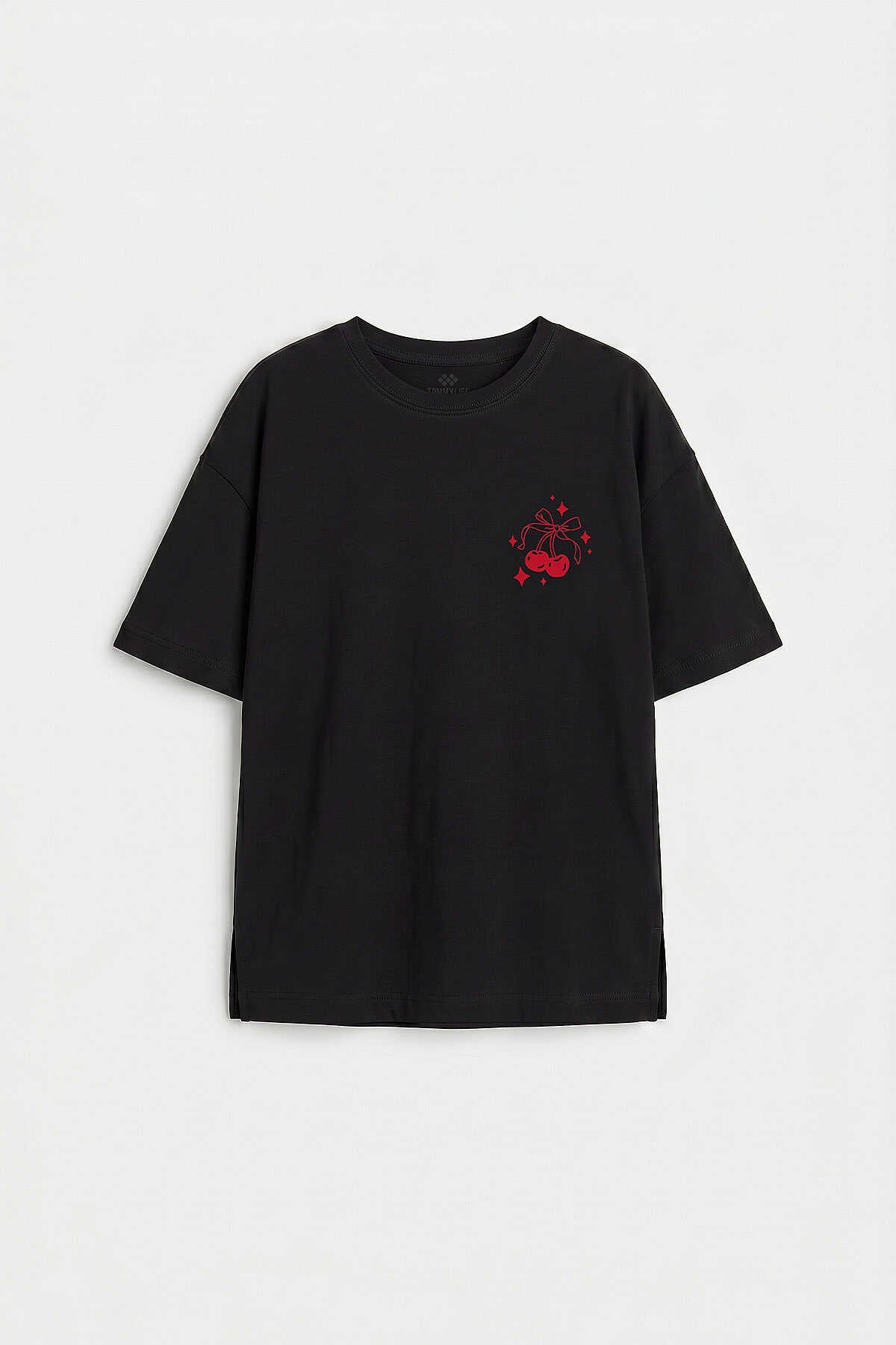 Tommylife Toptan Siyah Oversize Kısa Kollu Baskılı Kız Çocuk T-Shirt - 75176