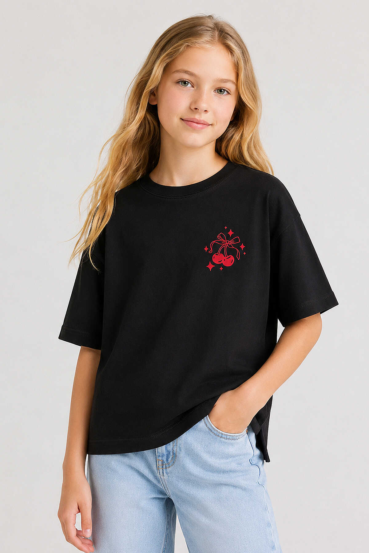 Tommylife Toptan Siyah Oversize Kısa Kollu Baskılı Kız Çocuk T-Shirt - 75176