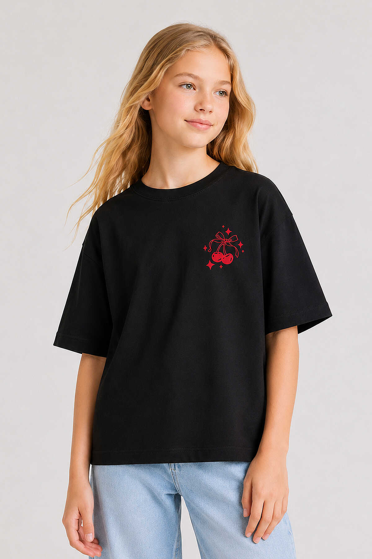 Tommylife Toptan Siyah Oversize Kısa Kollu Baskılı Kız Çocuk T-Shirt - 75176