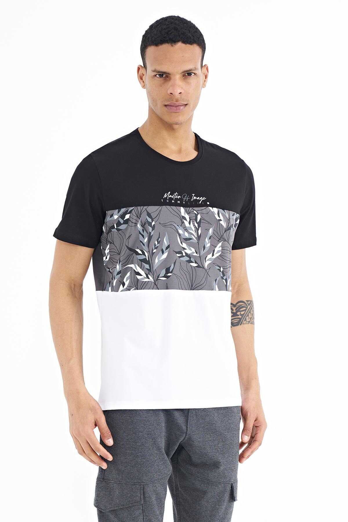 Tommylife Toptan Siyah Renk Geçişli Baskı Detaylı O Yaka Standart Kalıp Erkek T-Shirt - 88177