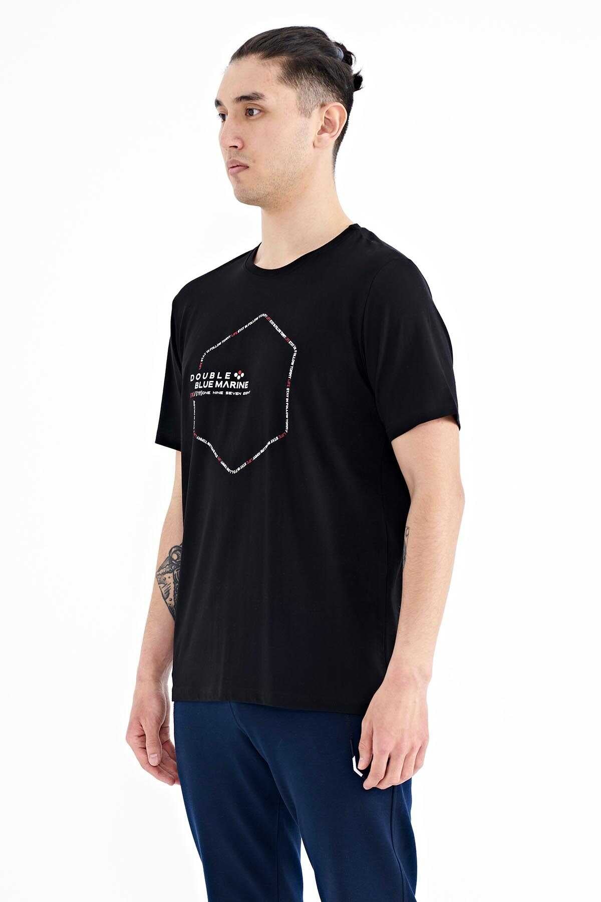 Tommylife Toptan Siyah Yazı Geometri Baskılı Standart Kalıp Erkek T-Shirt - 88198