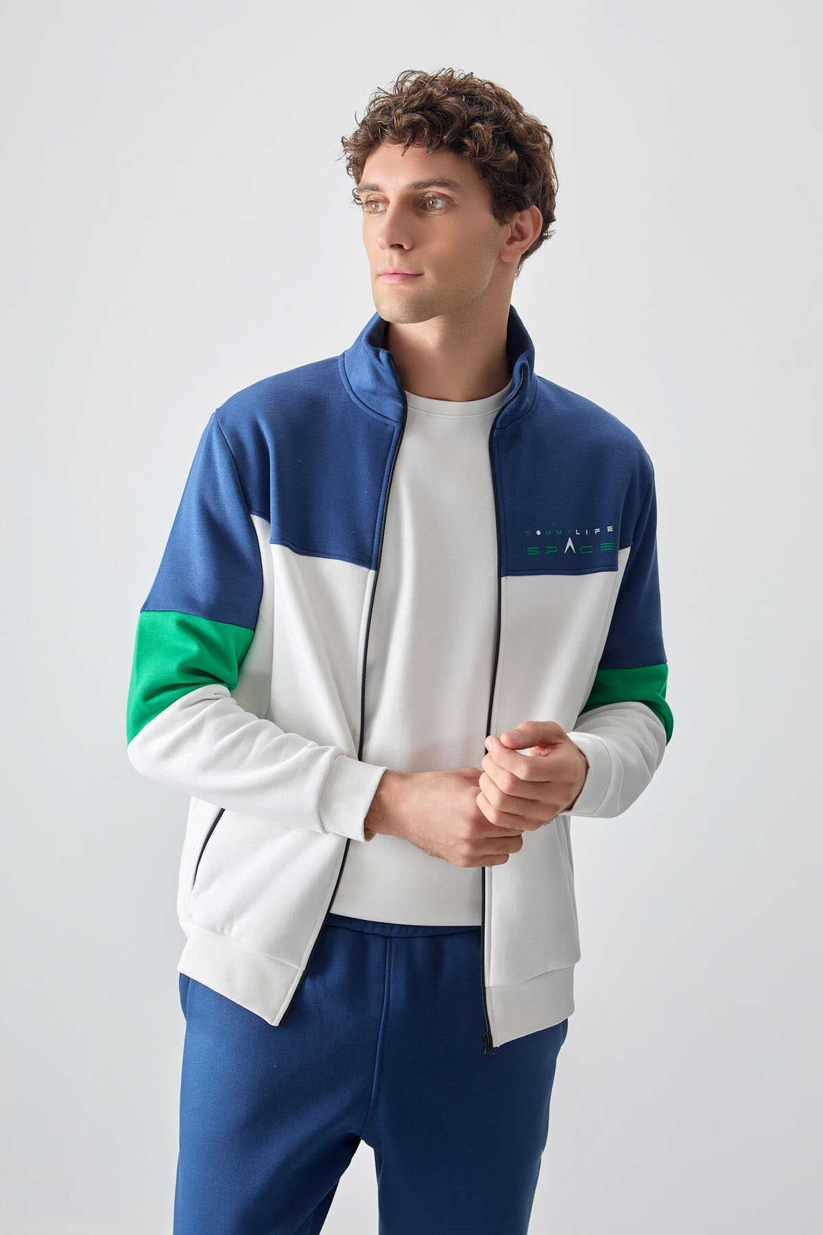 Tommylife Toptan Standart Kalıp Fermuarlı Sweat Erkek Eşofman Takım 85186 Ekru - İndigo