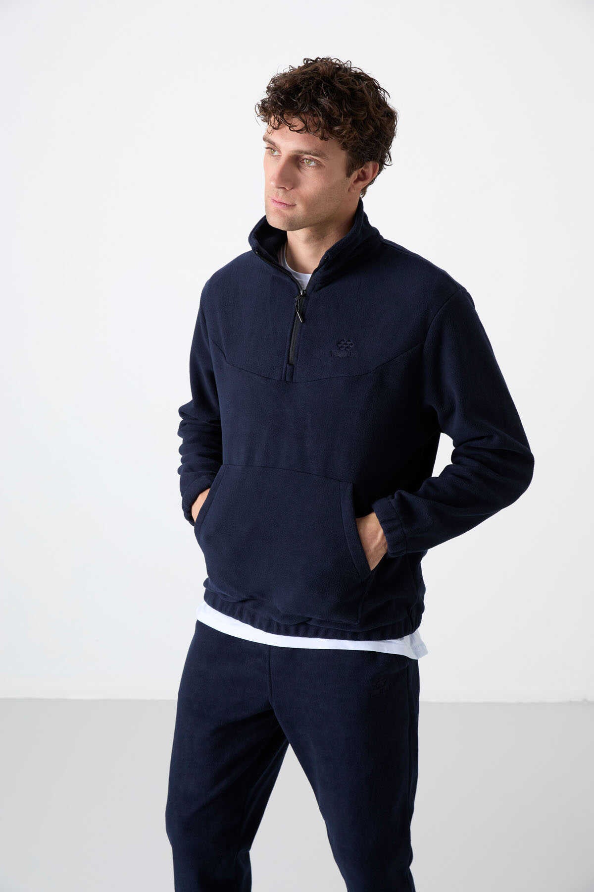Tommylife Toptan Standart Kalıp Yarım Fermuar Polar Erkek Eşofman Takımı 85159 Lacivert