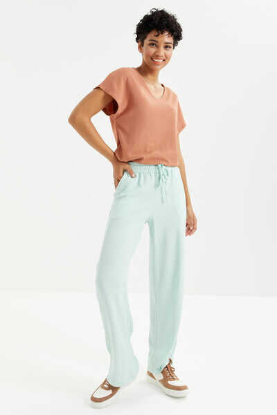 Tommylife Wholesale Aqua Green Cinch Waist Tie Detail Classic Leg Scrunch Fabric Women's Tracksuit Bottoms - 94619