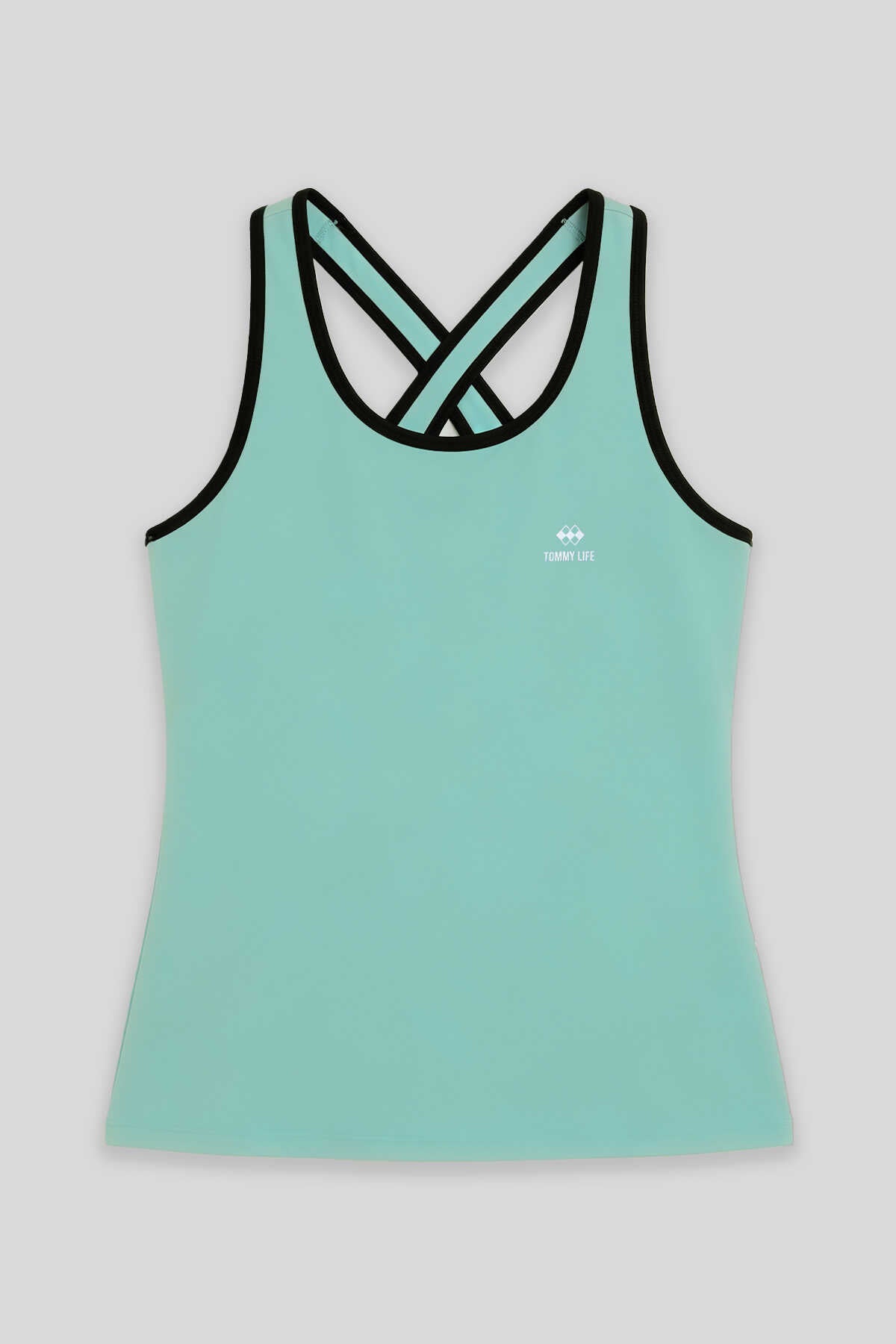 Tommylife Toptan Su Yeşili Kadın Çapraz Askılı Kolsuz Standart Kalıp Spor Atlet - 97094