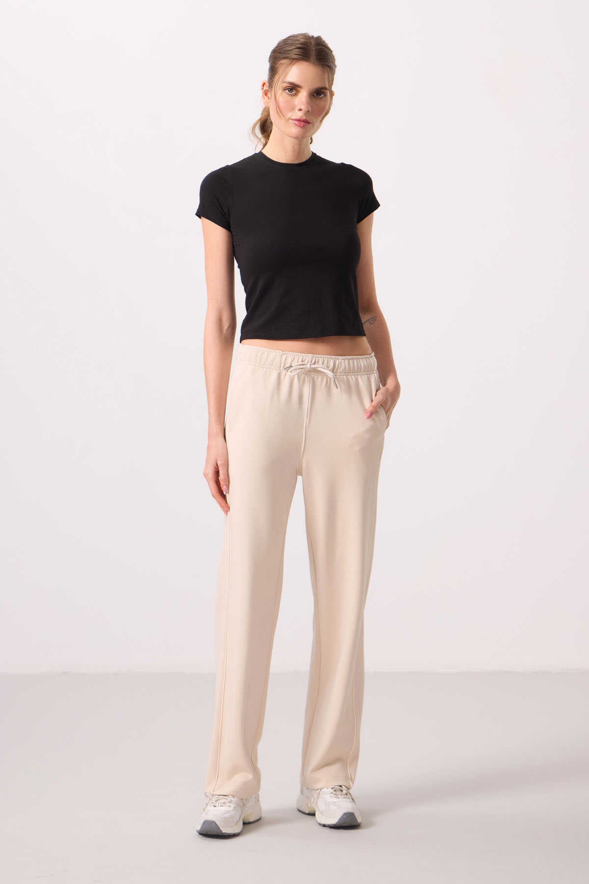 Tommylife Wholesale Soft Textured Side Panel Detailed Wide Leg Women's Palazzo Pants - 94669 Black