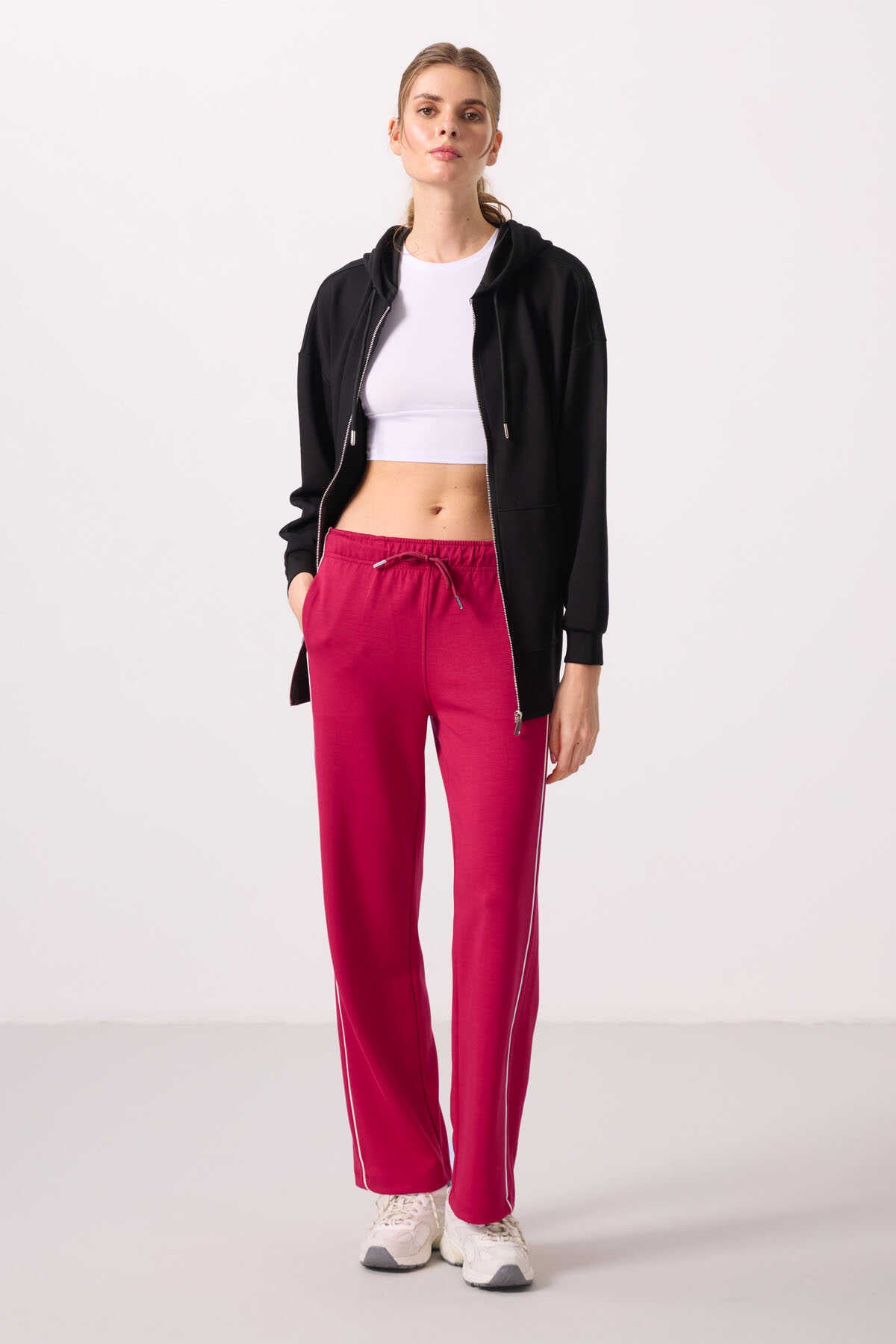 Tommylife Wholesale Soft Textured Side Panel Detailed Wide Leg Women's Palazzo Pants - 94669 Black